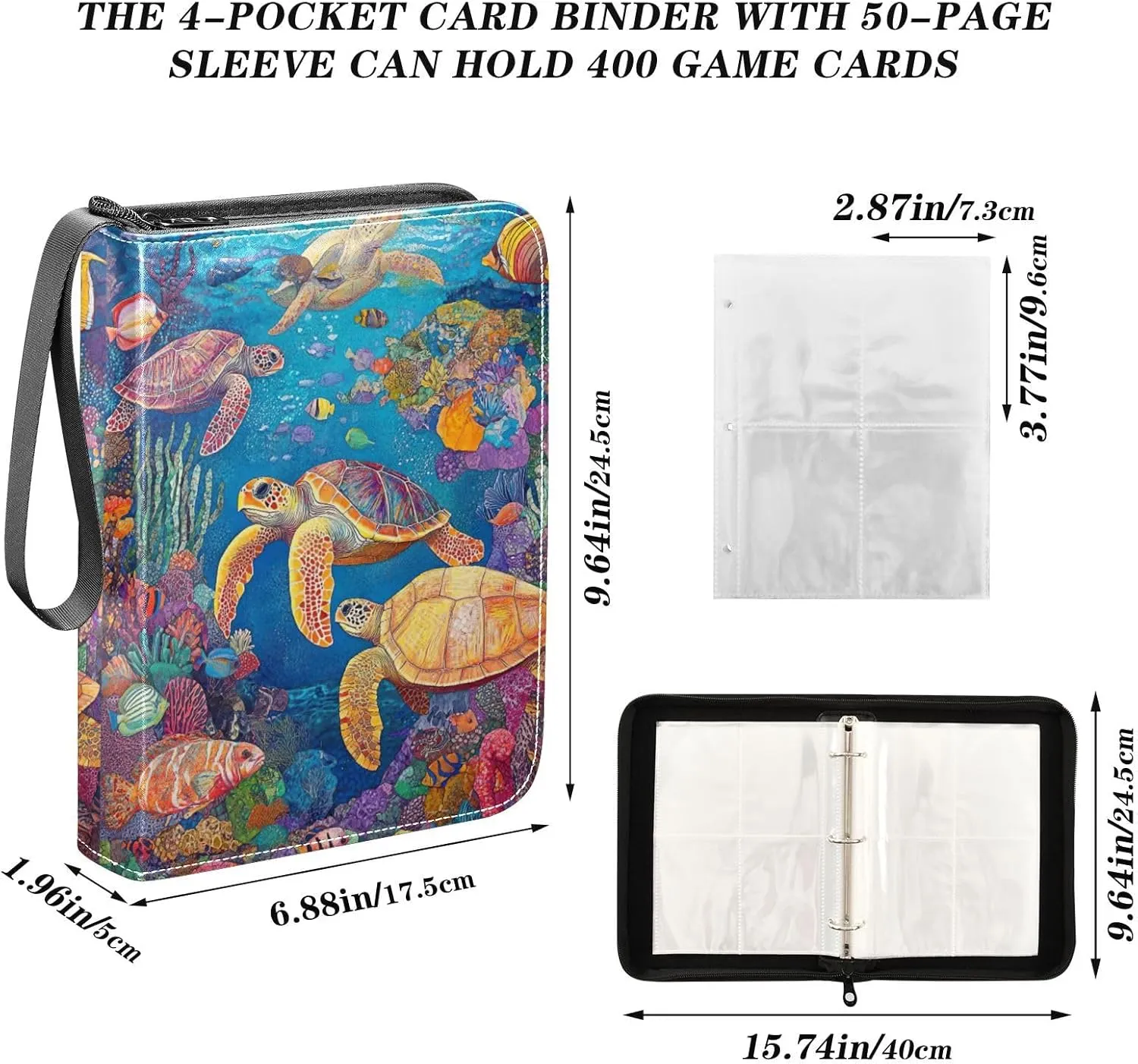 Colorful Sea Creature Scene Trading Card Holder Binder, 3 Ring Trading Card Binder Fits 400 Cards Card Book Holder for Trading Cards