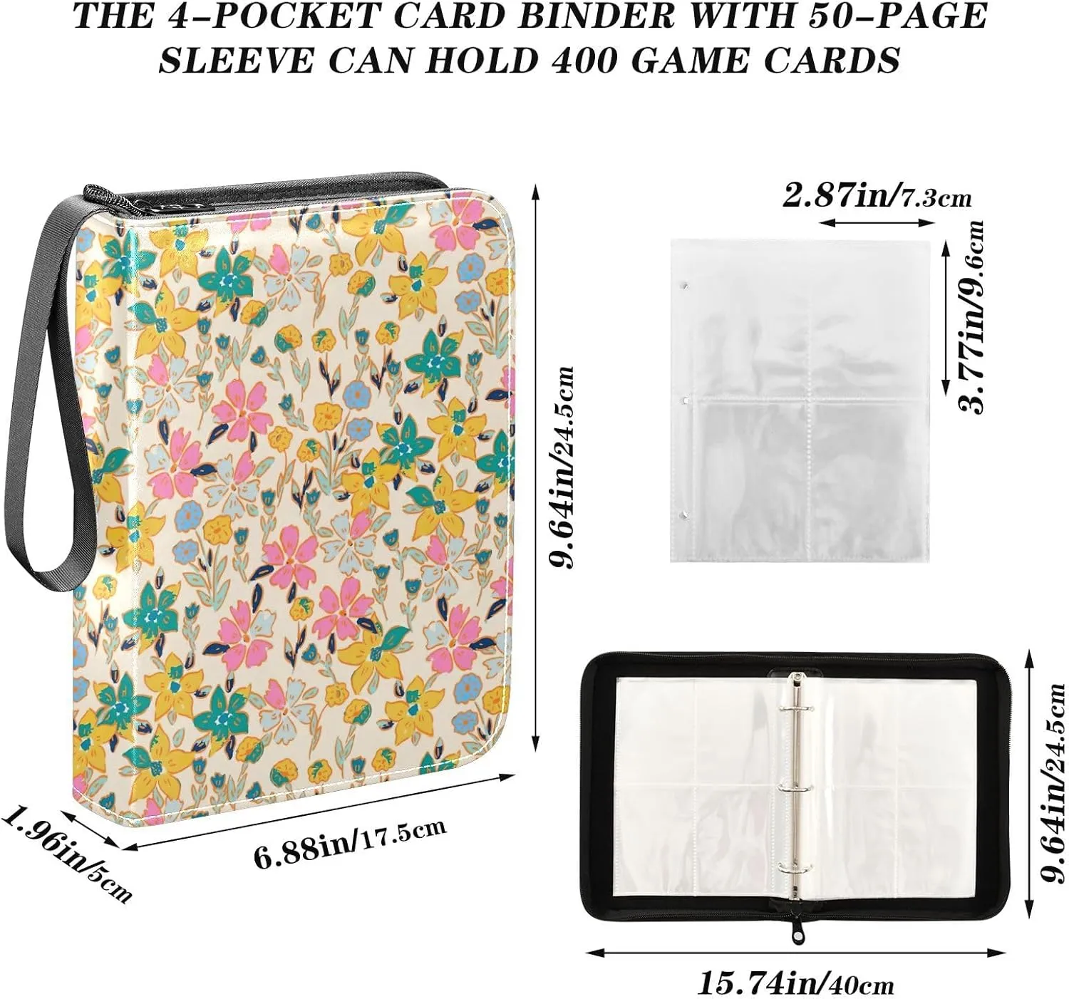Colorful Wildflowers Card Binders for Collectors 4 Pocket Card Collector Book Fits 400 Cards 3 Ring Binder Zipper Card