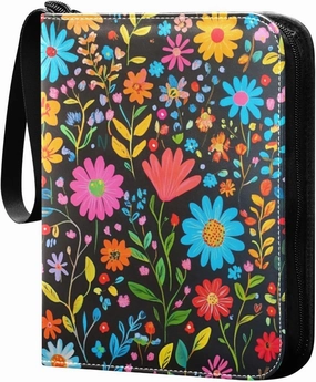 Colorful Flowers Blossom Dark 4 Pockets Trading Card Album Folder for Cards PU Cover Zip Card Binder with 400 Side Loading Pockets Premium Card Book for Collectible Boys Girls Game Sports Cards