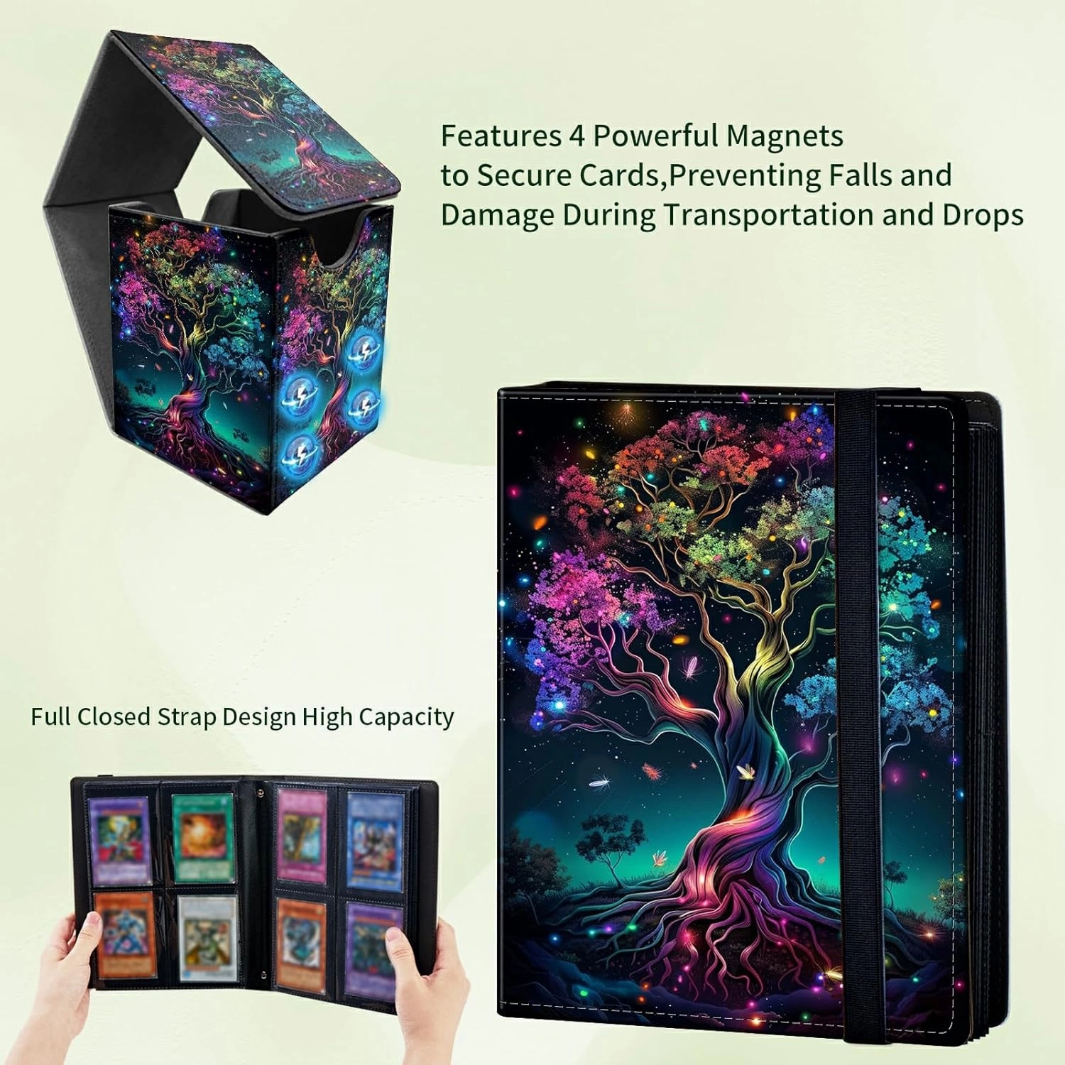 Colorful Tree 4 Pocket Trading Cards Album   MTG Commander Deck Box, Trading Card Binder Holder with 400 Card Protector, Expandable PU Card Book Collectable Board Game Magic Card Binder