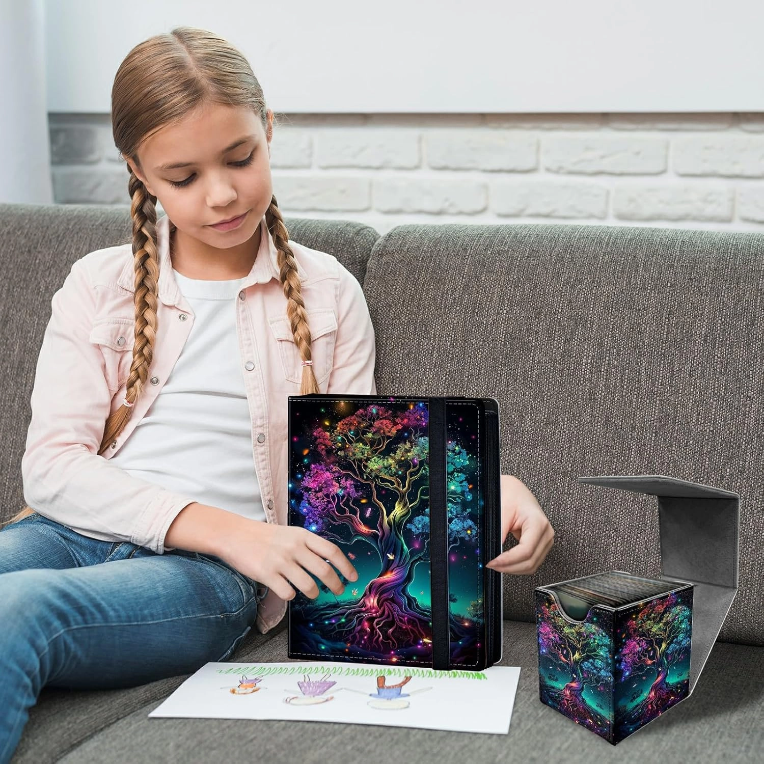 Colorful Tree 4 Pocket Trading Cards Album   MTG Commander Deck Box, Trading Card Binder Holder with 400 Card Protector, Expandable PU Card Book Collectable Board Game Magic Card Binder