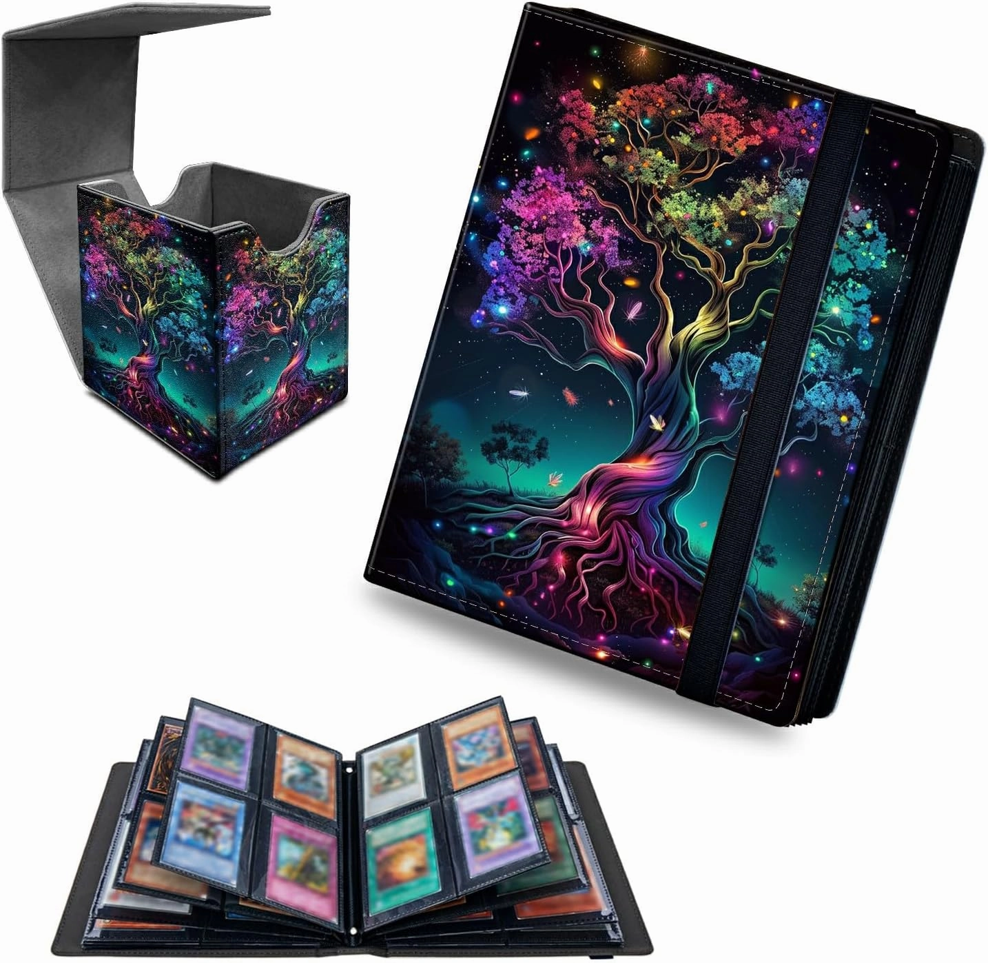 Colorful Tree 4 Pocket Trading Cards Album   MTG Commander Deck Box, Trading Card Binder Holder with 400 Card Protector, Expandable PU Card Book Collectable Board Game Magic Card Binder