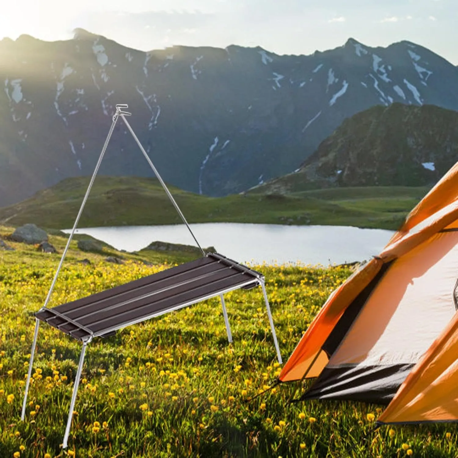 Compact Camping Table with Light Pole for Cooking and Travel, Beech