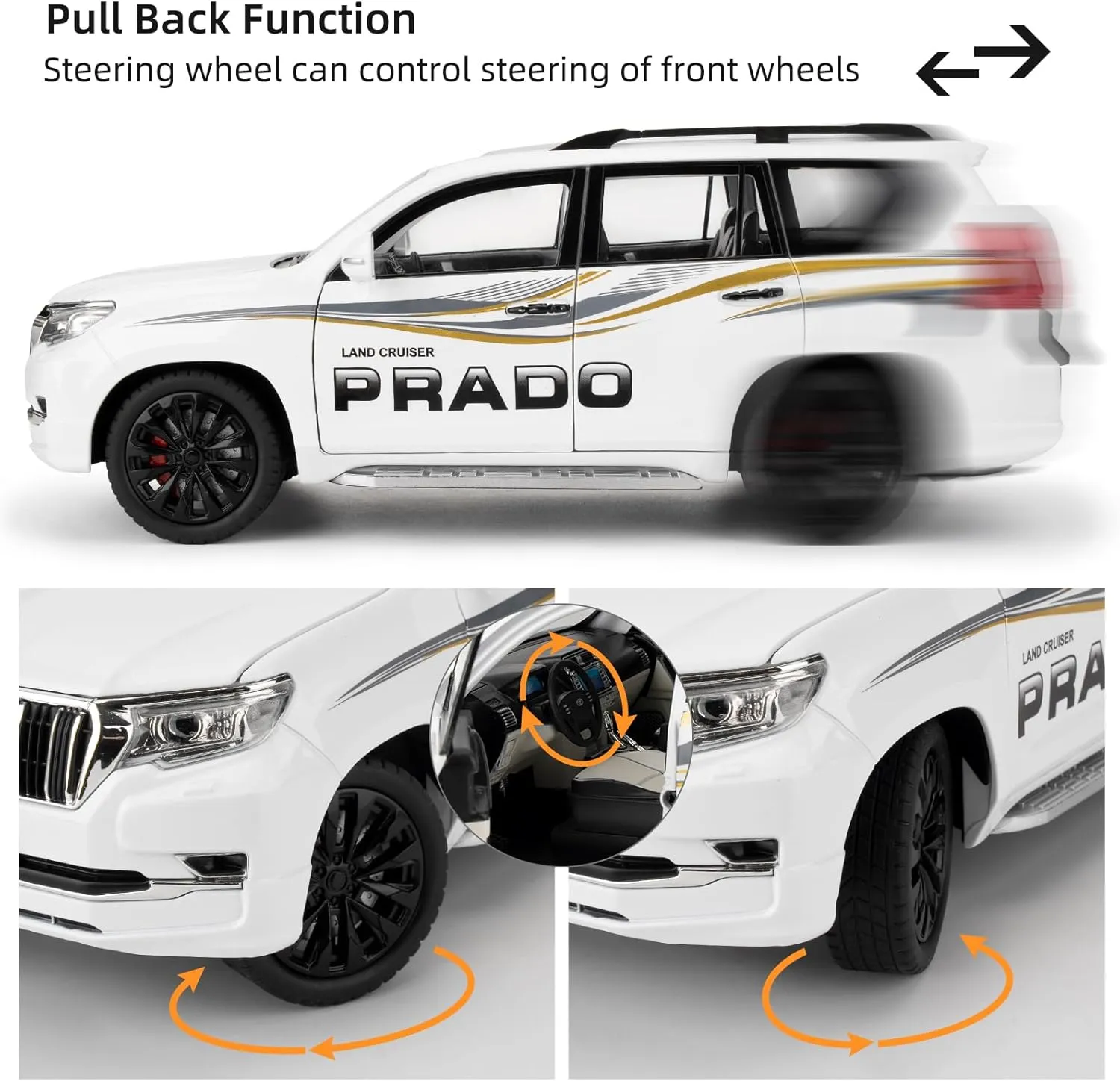 Compatible for 1:18 Scale Collectible Prado Diecast Model Car Toy, Zinc Alloy Pull Back Toy Car Vehicle with Lights and Sounds for Decoration Adult Boys Girls Gift (White)
