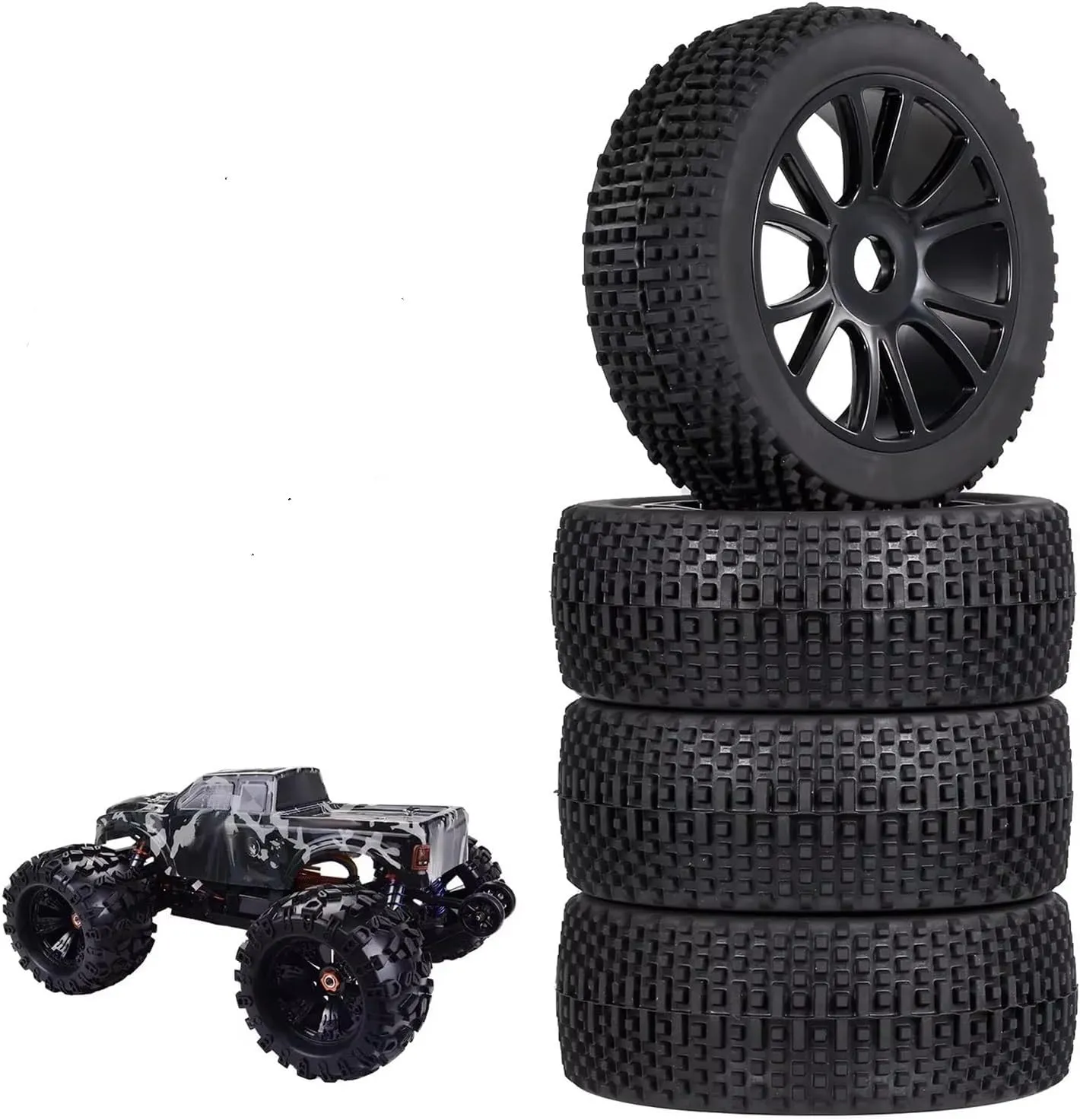 Compatible with 811 8sc 94885 84-801 1/8 RC Off-Road Car for Buggy Rubber Truck Tires 112MM Rubber Tyre Plastic Wheel Rim Hex Adapter 17MM RC Wheel Tires(Black)