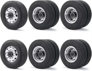 Compatible with Tamiya 1/14th RC Tractor Truck Car Parts 6PCS Wheel Tires Complete Set Metal Front & Rear Wheel Hub Rubber Tyre RC Wheel Tires