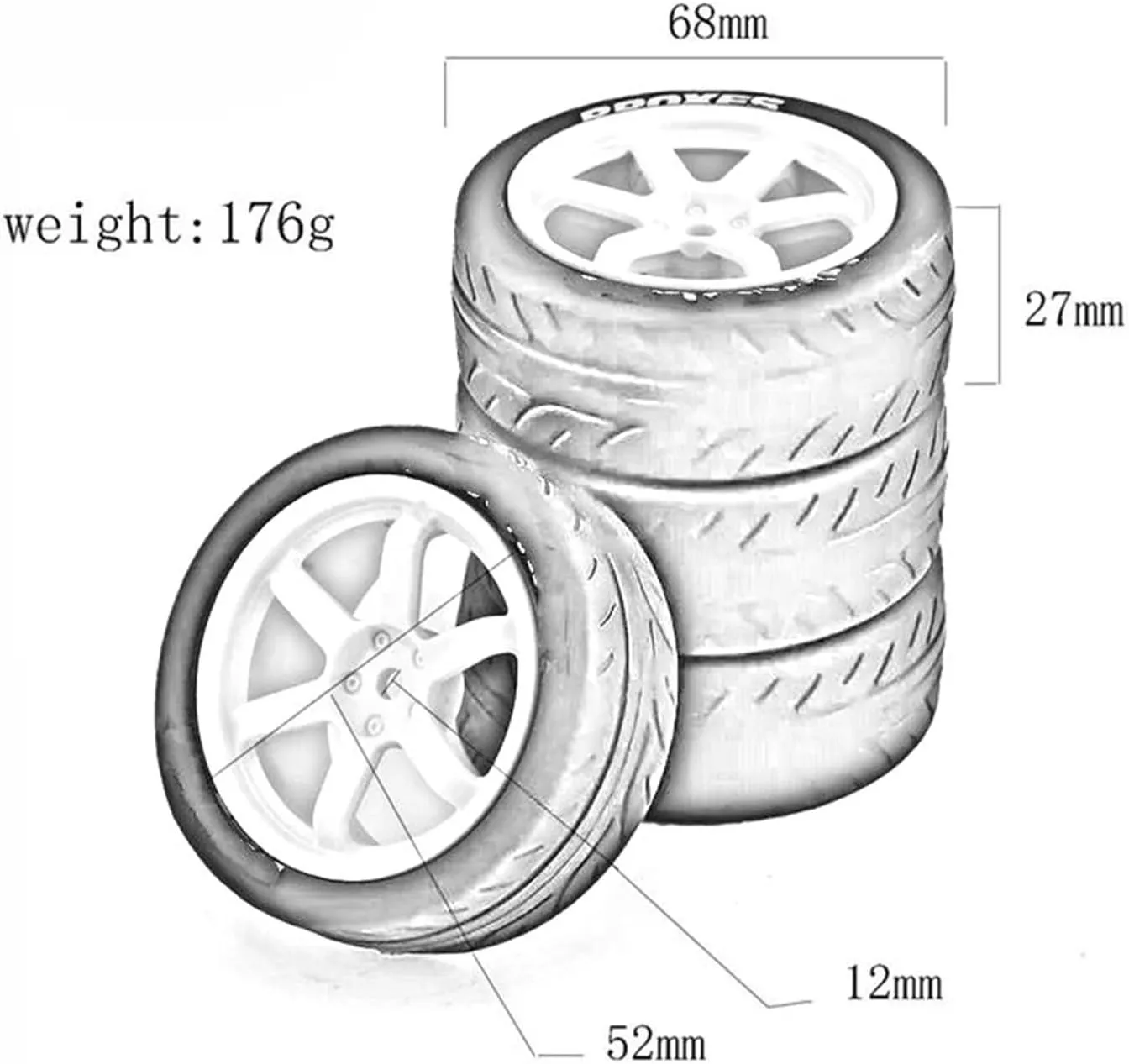 Compatible with Tamiya TT01 TT02 TA06 XV-01 for PTG-2 4PCS 1/10 RC for Racing Car Tires On Road Touring Drift Car Tyre Wheel Accessories RC Wheel Tires(Black)