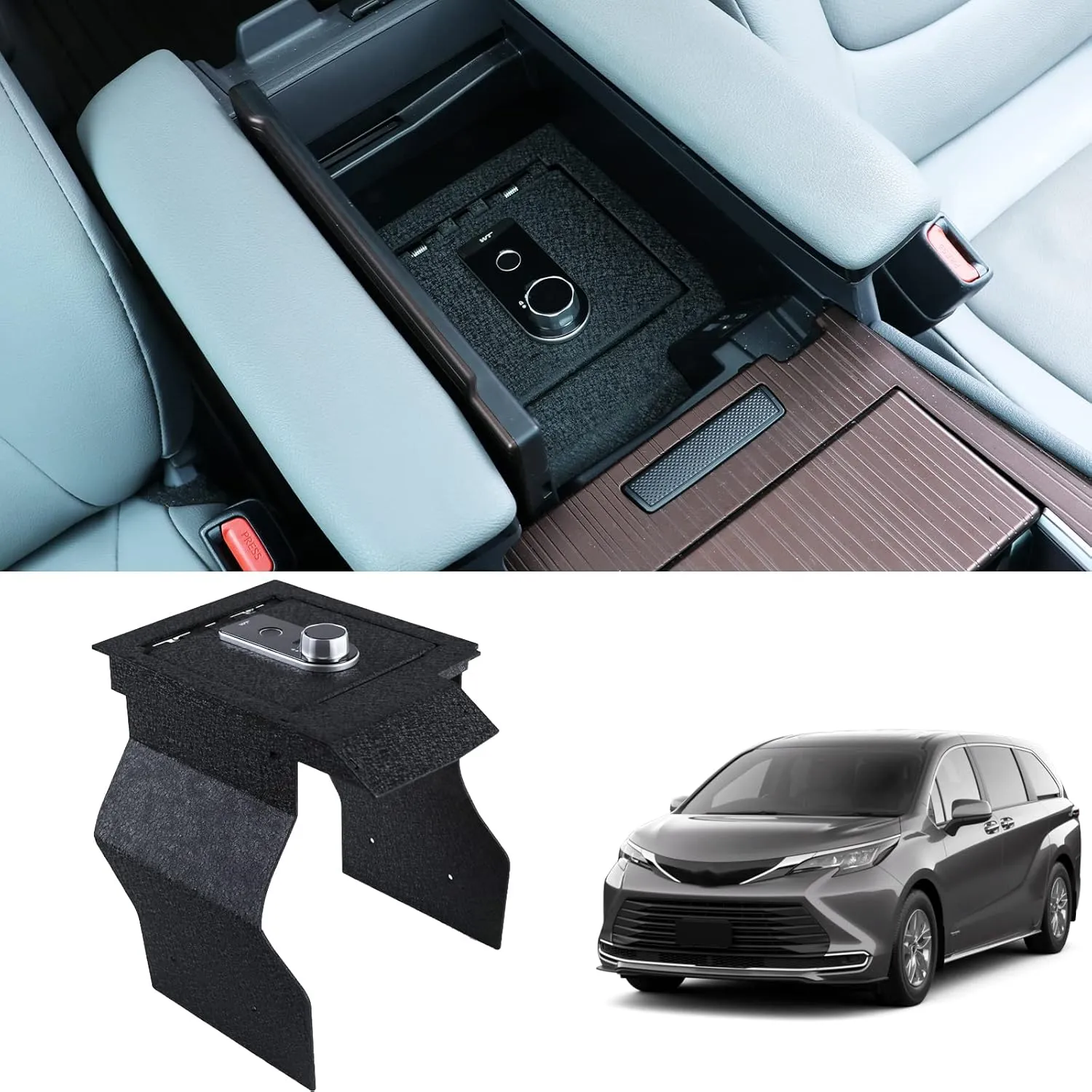 Console Safe Gun Safe for Car, WASAI Premium In-vehicle Console Gun Vault Lockbox Compatible with Toyota Sienna 2021-2025 with Heavy Gauge Plate Steel, Fingerprint Lock with Backup Key.