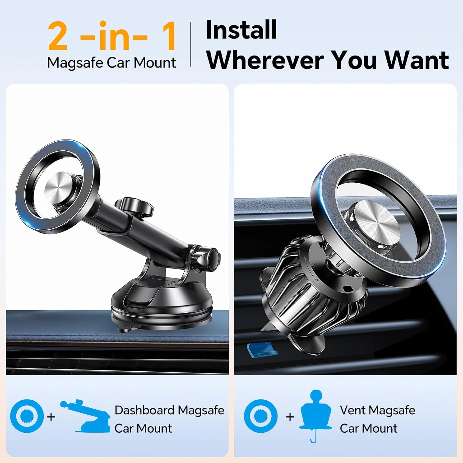 Coolpow for MagSafe Car Mount【Windshield Vent Dash】Magnetic Phone Holder for Car Phone Holder Mount Cell Phone Holders for Your Car Accessories Suction Cup Stand for iPhone 16 Pro Max 15 14 13 12 Plus