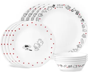 Corelle Vitrelle Hello Kitty 12-PC Dinnerware Set, Service for 3, Triple Layered Glass, Anti-Chip Durable Lightweight Plate and Bowl Set