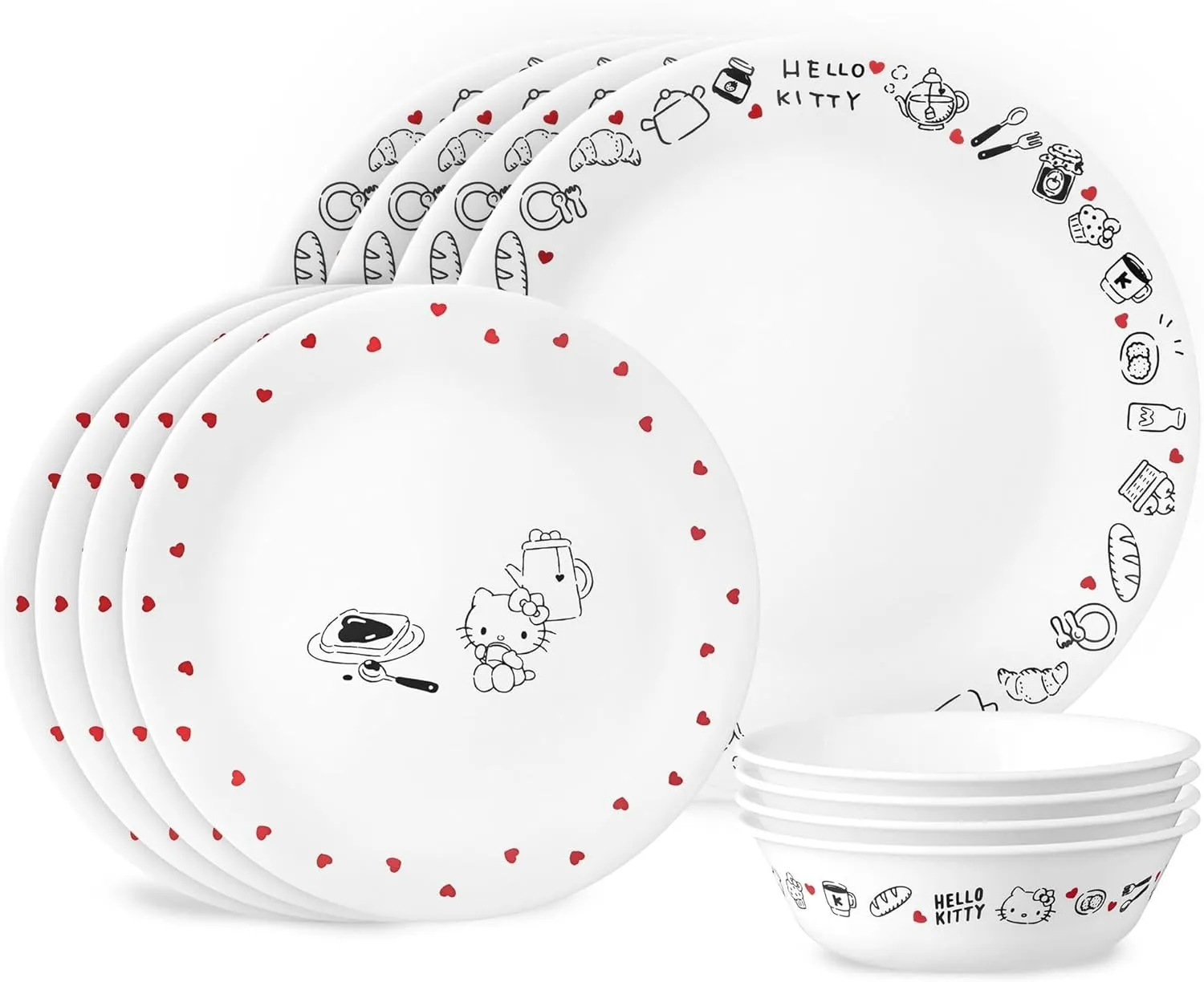 Corelle Vitrelle Hello Kitty 12-PC Dinnerware Set, Service for 3, Triple Layered Glass, Anti-Chip Durable Lightweight Plate and Bowl Set