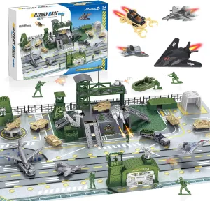 CORPER TOYS Military Base Set with Tank,Airplane,Fighter Jet,Mini Army Men Action Figures,Play Map with Vehicles Accessories Playset for Kids Gift for Birthday