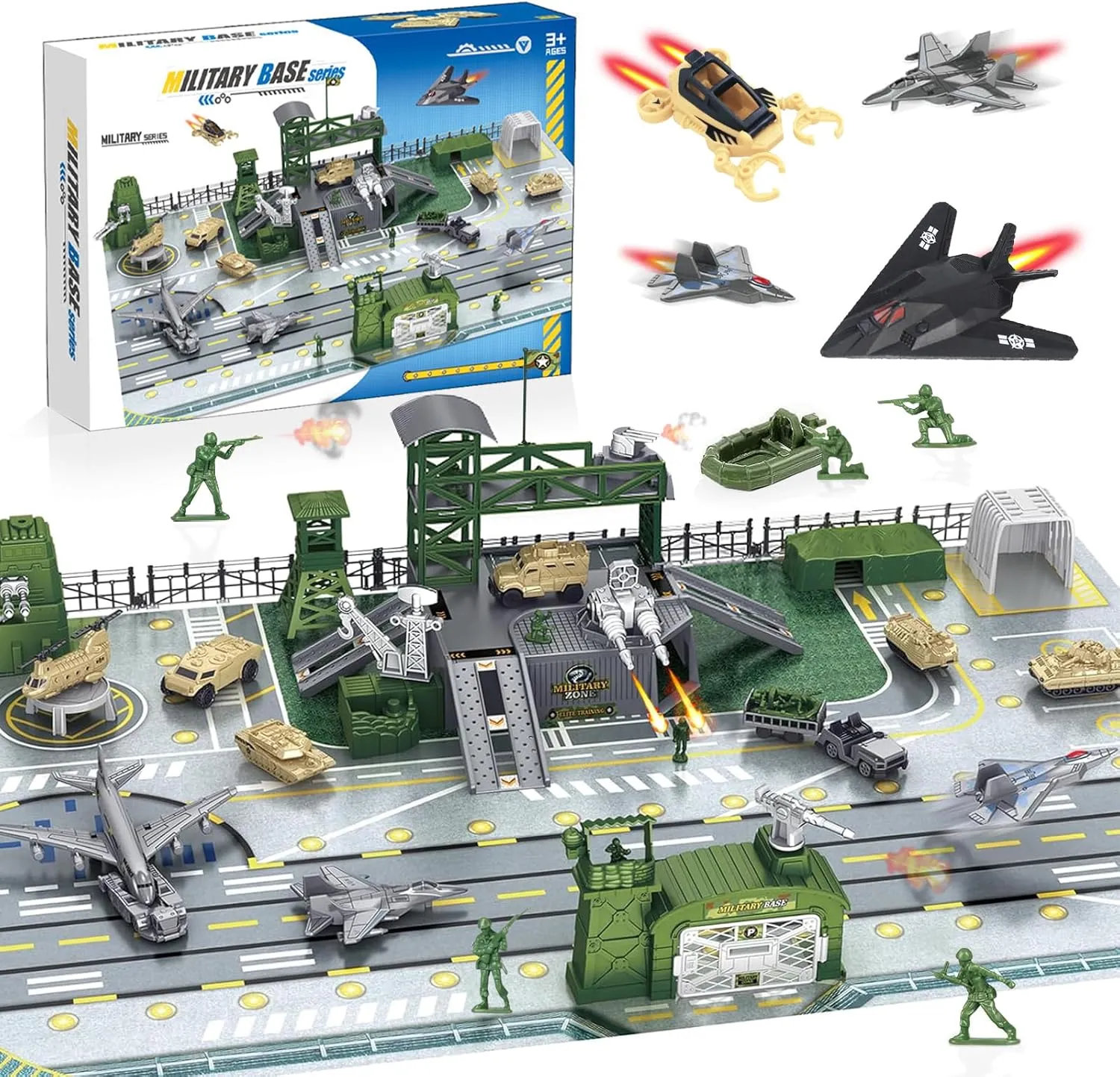 CORPER TOYS Military Base Set with Tank,Airplane,Fighter Jet,Mini Army Men Action Figures,Play Map with Vehicles Accessories Playset for Kids Gift for Birthday