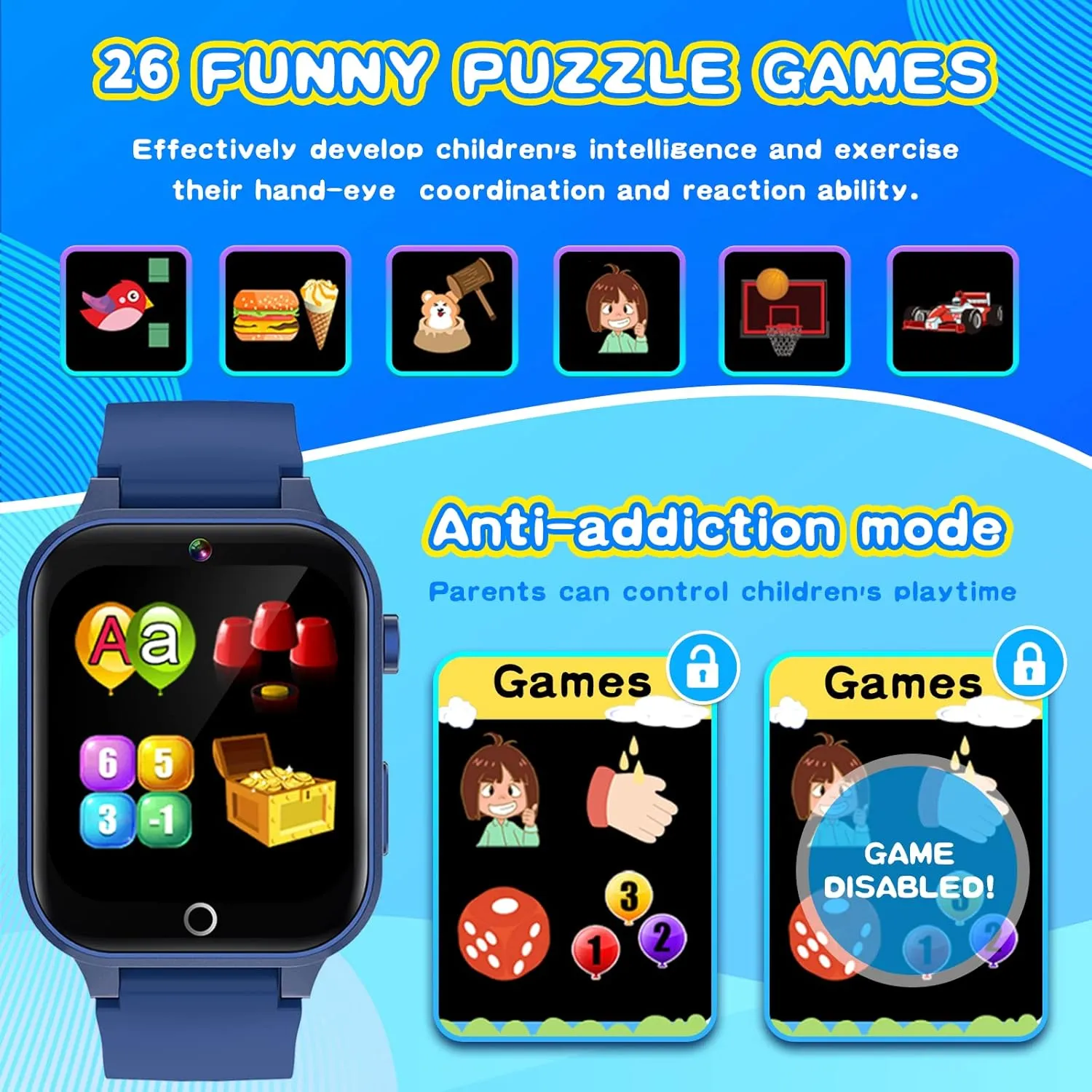 Cosjoype Upgrade Kids Smart Watch for Kids with 26 Puzzle Games HD Camera Video MP3 Player Habit Tracking Pedometer Flashlight 12/24hr Kids Watches Gift for 4-12 Year Old Boys Toys for Kids