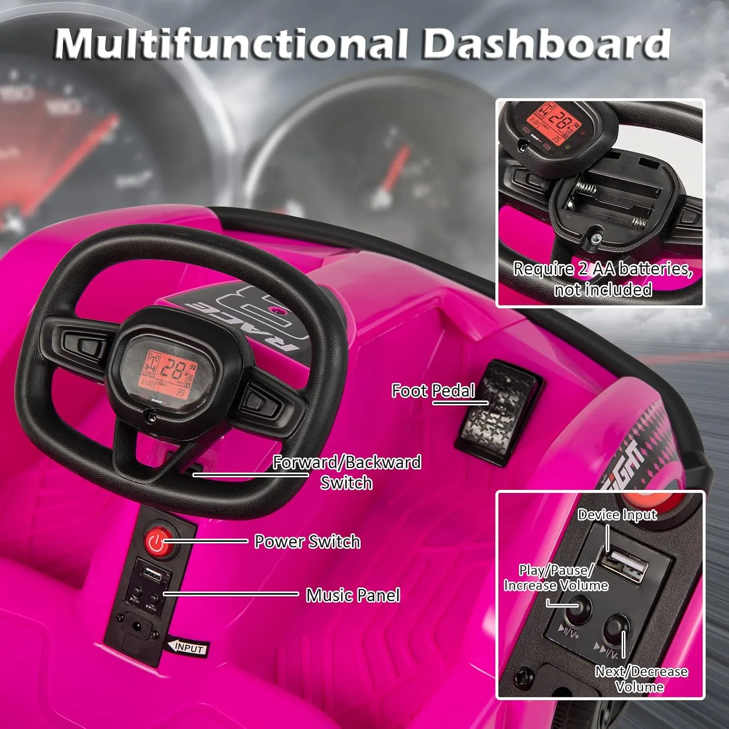 Costzon 6V Racer Go Kart with 2.4G Remote Control, Electric Kids Ride-on Toy with Safety Belt, Music, USB Port, Forward/Backward, 2MPH Max Speed, Battery Powered Go Kart for Kids 37-96 Months (Pink)