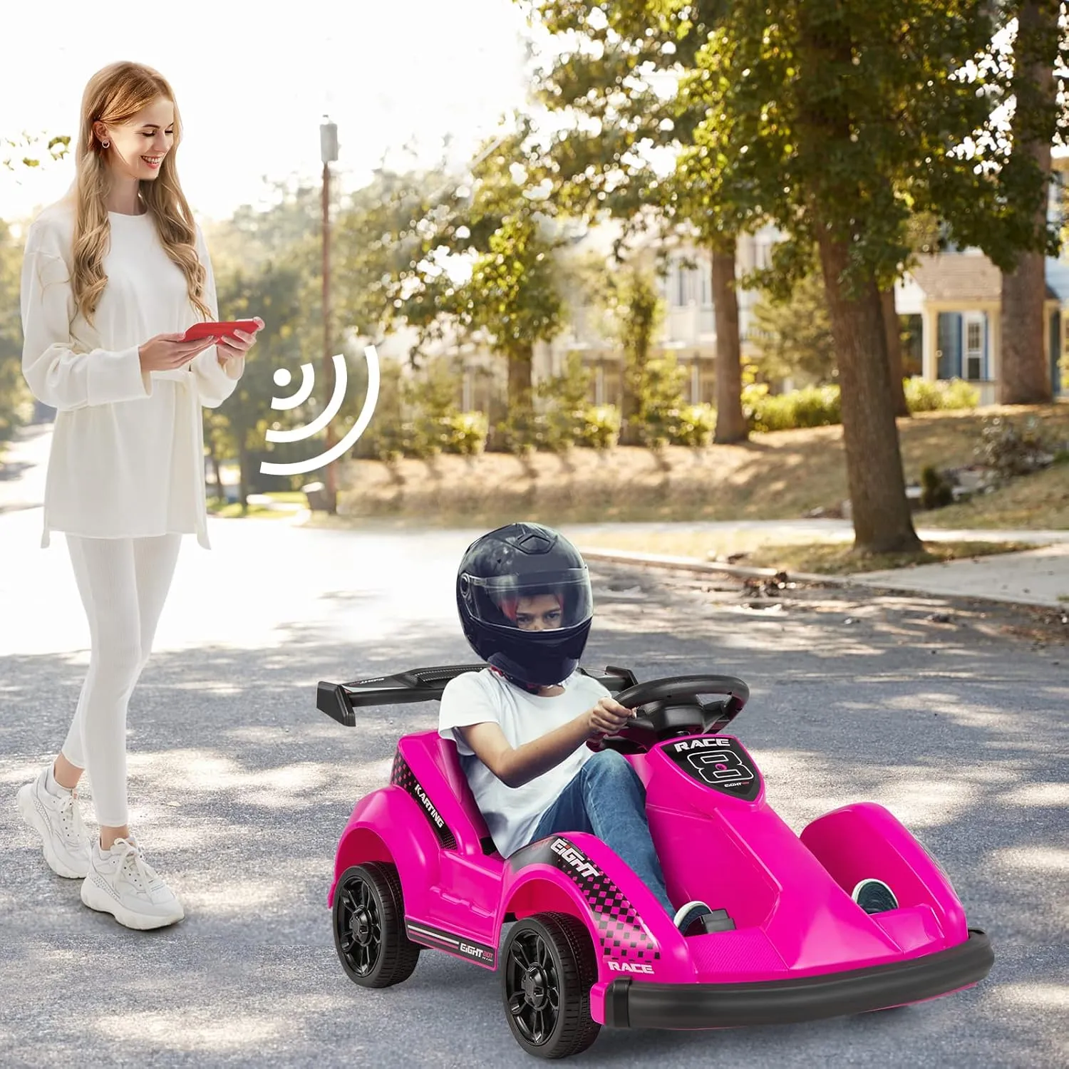Costzon 6V Racer Go Kart with 2.4G Remote Control, Electric Kids Ride-on Toy with Safety Belt, Music, USB Port, Forward/Backward, 2MPH Max Speed, Battery Powered Go Kart for Kids 37-96 Months (Pink)