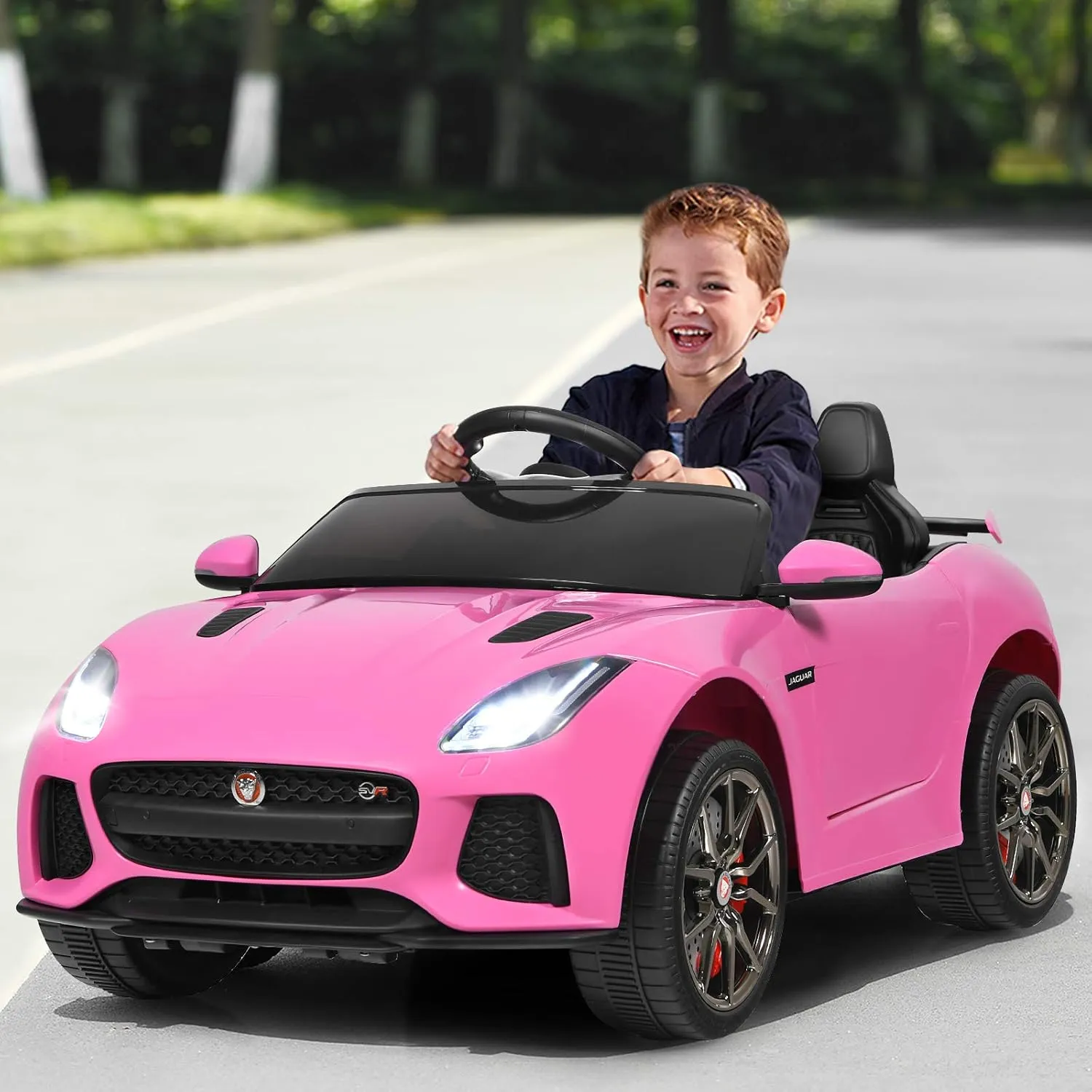 Costzon Ride on Car, 12V Licensed Jaguar F-Type SVR Battery Powered Kids' Electric Vehicles w/Remote Control, Front/Rear Lights, MP3/Music/3 Speeds/Spring Suspension, Kids Car Toy for Toddler (Pink)
