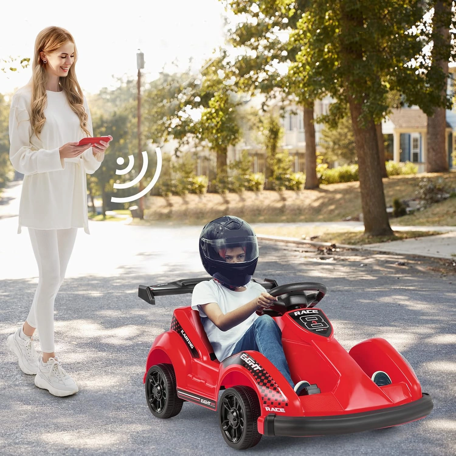 Costzon 6V Racer Go Kart with 2.4G Remote Control, Electric Kids Ride-on Toy with Safety Belt, Music, USB Port, Forward/Backward, 2MPH Max Speed, Battery Powered Go Kart for Kids 37-96 Months (Red)