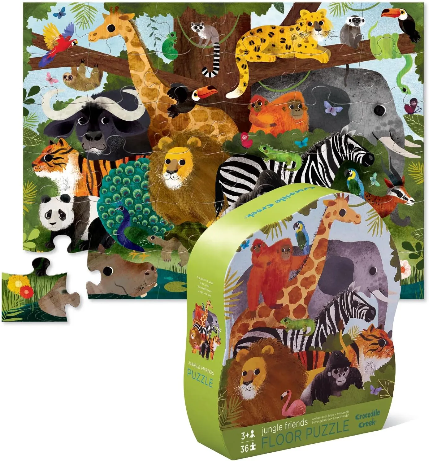 Crocodile Creek 36-Piece Jigsaw Floor Puzzle - Fun Floor Puzzles for Kids Ages 3-5 - Heavy-Duty Shaped Box for Storage - Jungle Friends - 27" W x 20" H Finished