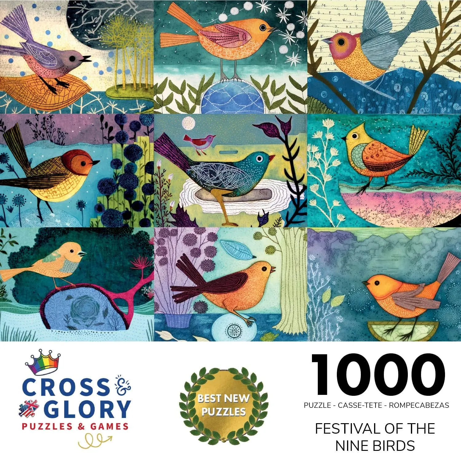 Cross & Glory - Festival of The Nine Birds - 1000 Piece Jigsaw Puzzle | Colorful Collage of Individual Bird Artwork | Vibrant and Unique | Superb Gift for Bird Enthusiasts