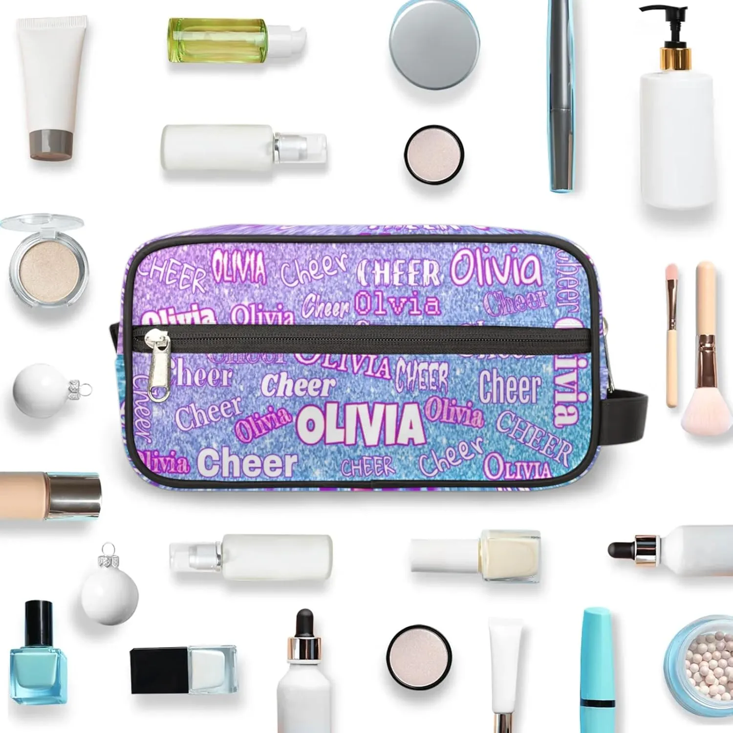 Custom Name Makeup Bag Cheer Travel Bag, Toiletry Bag Travel Large Capacity Cosmetic Container Organizer for Shampoo Gradient Pink Blue Glittering Shiny Background