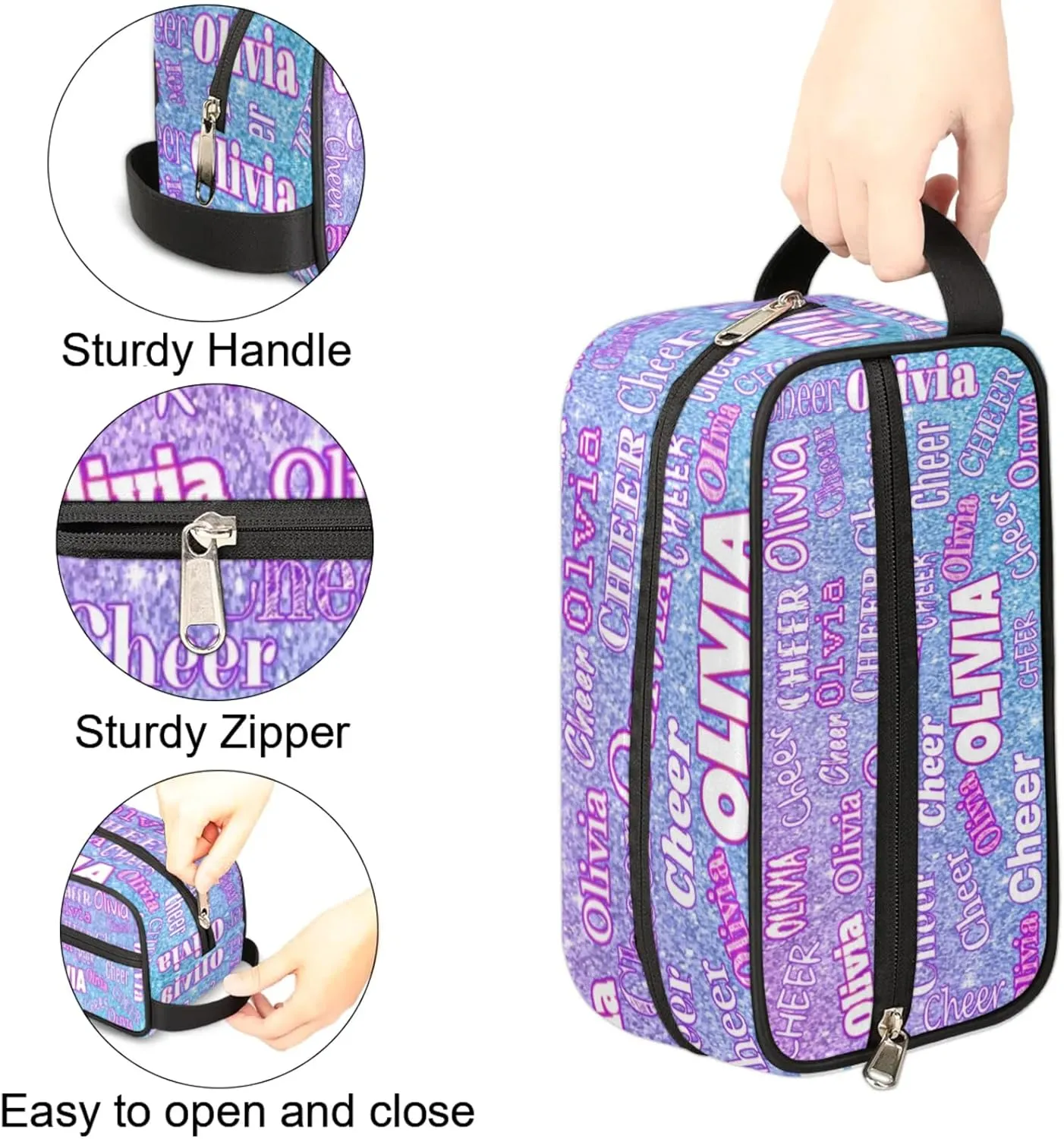 Custom Name Makeup Bag Cheer Travel Bag, Toiletry Bag Travel Large Capacity Cosmetic Container Organizer for Shampoo Gradient Pink Blue Glittering Shiny Background