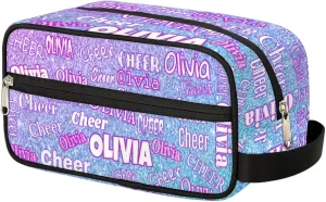 Custom Name Makeup Bag Cheer Travel Bag, Toiletry Bag Travel Large Capacity Cosmetic Container Organizer for Shampoo Gradient Pink Blue Glittering Shiny Background