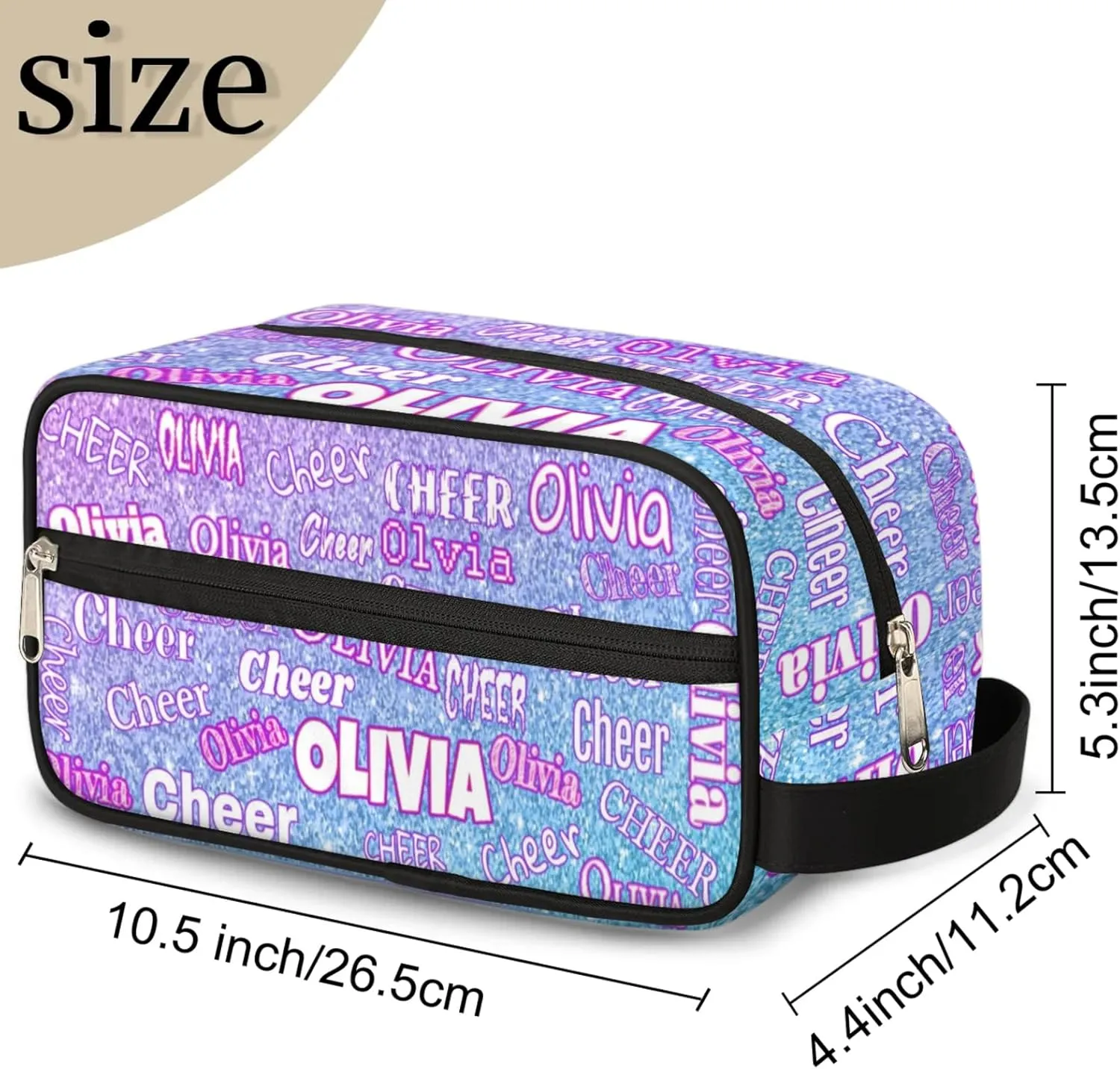Custom Name Makeup Bag Cheer Travel Bag, Toiletry Bag Travel Large Capacity Cosmetic Container Organizer for Shampoo Gradient Pink Blue Glittering Shiny Background