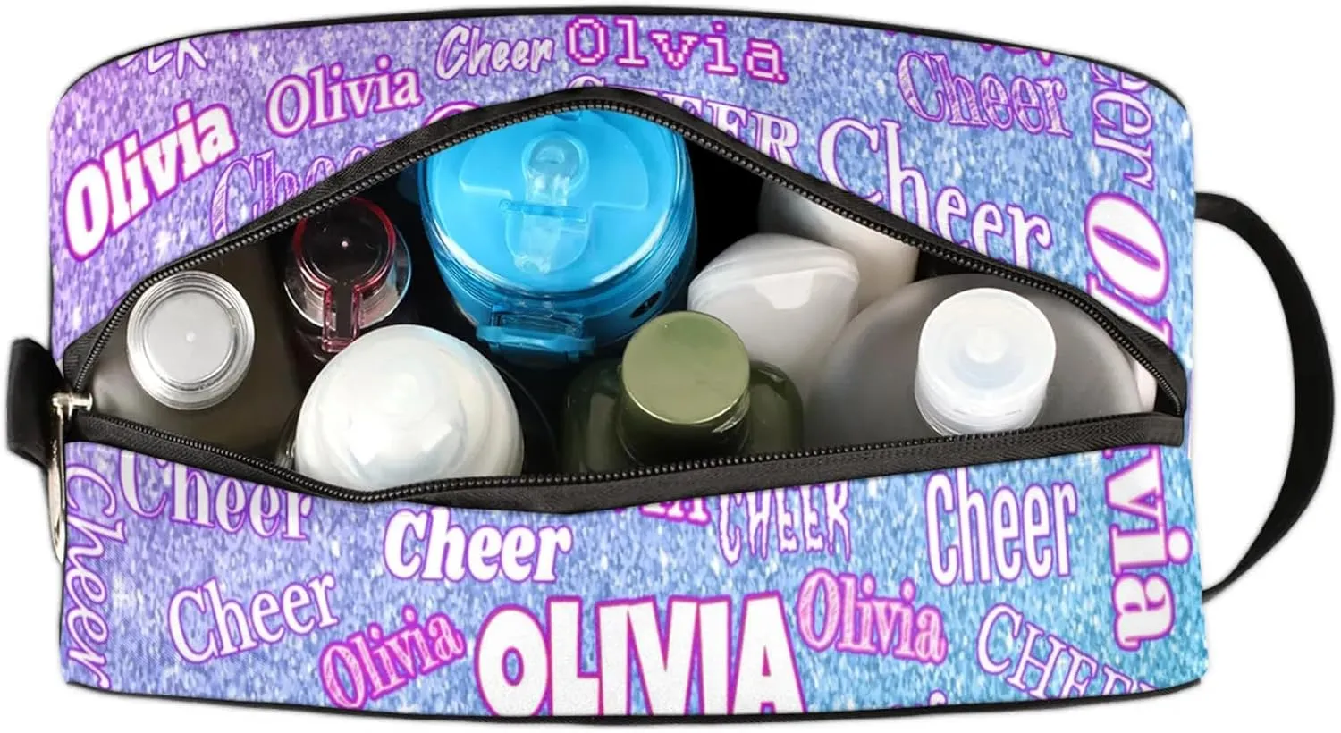 Custom Name Makeup Bag Cheer Travel Bag, Toiletry Bag Travel Large Capacity Cosmetic Container Organizer for Shampoo Gradient Pink Blue Glittering Shiny Background