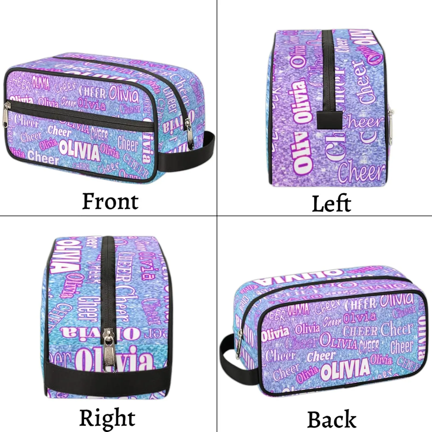 Custom Name Makeup Bag Cheer Travel Bag, Toiletry Bag Travel Large Capacity Cosmetic Container Organizer for Shampoo Gradient Pink Blue Glittering Shiny Background
