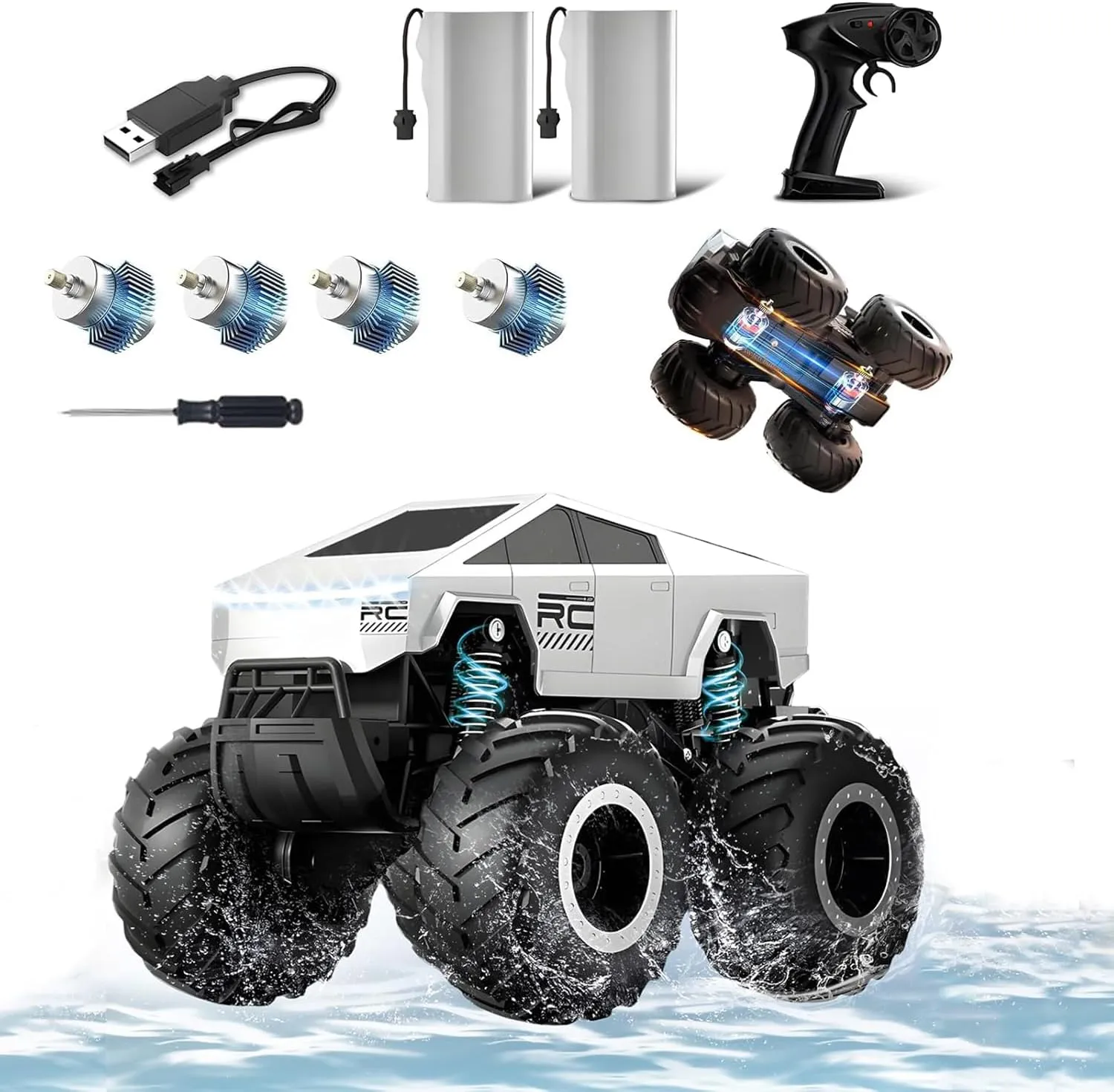 Cyber Electric Truck Waterproof Remote Control Car Off-Road Diving Amphibious 4WD RC Car with 4 Wheel Suspension All Terrain 360 Rotating Monster Truck 2.4GHz 1/14 Vehicles Boys Girls Age 8 