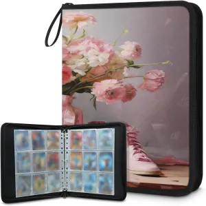 Dancing Shoe Powder Flower 3 Ring Trading Zipper Binder Strap, Trading Card Binder 9 Pocket, 900 Pockets Card Holder with 50 Removable Sleeves for Game Cards