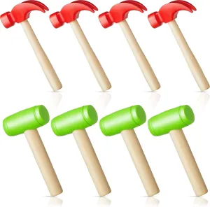 Deekin 8 Pcs Toy Hammer Simulation Small Red Green Wooden Plastic Maintenance Tools Hammer Pretend Play Educational Toys for Teens Girls Boys School Birthday Games Party Supplies
