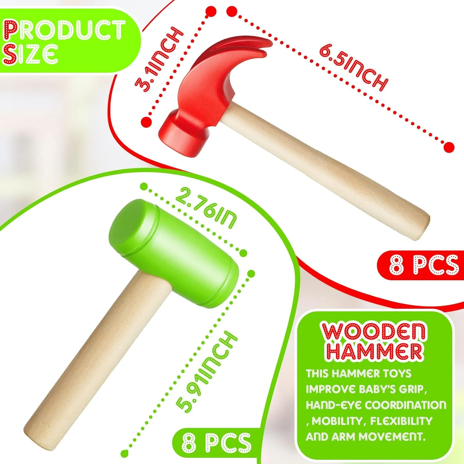 Deekin 8 Pcs Toy Hammer Simulation Small Wooden Plastic Maintenance Tools Hammers Educational Toys for Teens Girls Boys School Birthday Games Party Supplies (2 Style Toy Hammer)