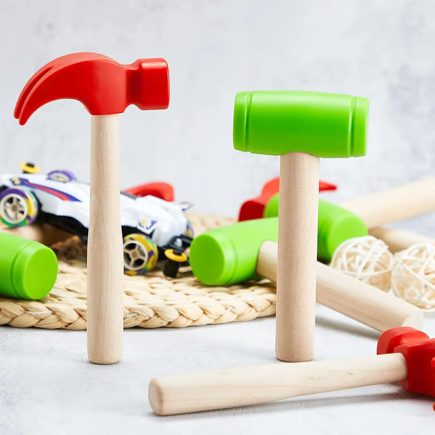 Deekin 8 Pcs Toy Hammer Simulation Small Wooden Plastic Maintenance Tools Hammers Educational Toys for Teens Girls Boys School Birthday Games Party Supplies (2 Style Toy Hammer)