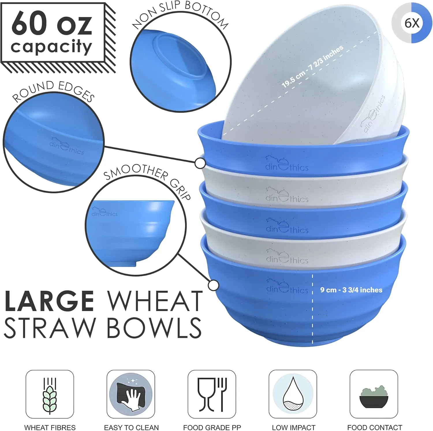 Deep Wheat Straw Bowl 60 OZ - 6 DishwasherSafe Microwavable Bowls For Kitchen - Large Cereal bowls - Alternate to Plastic Salad Bowl - Large Soup Bowl For Eating - PHO Bowls For Ramen Rice Breakfast