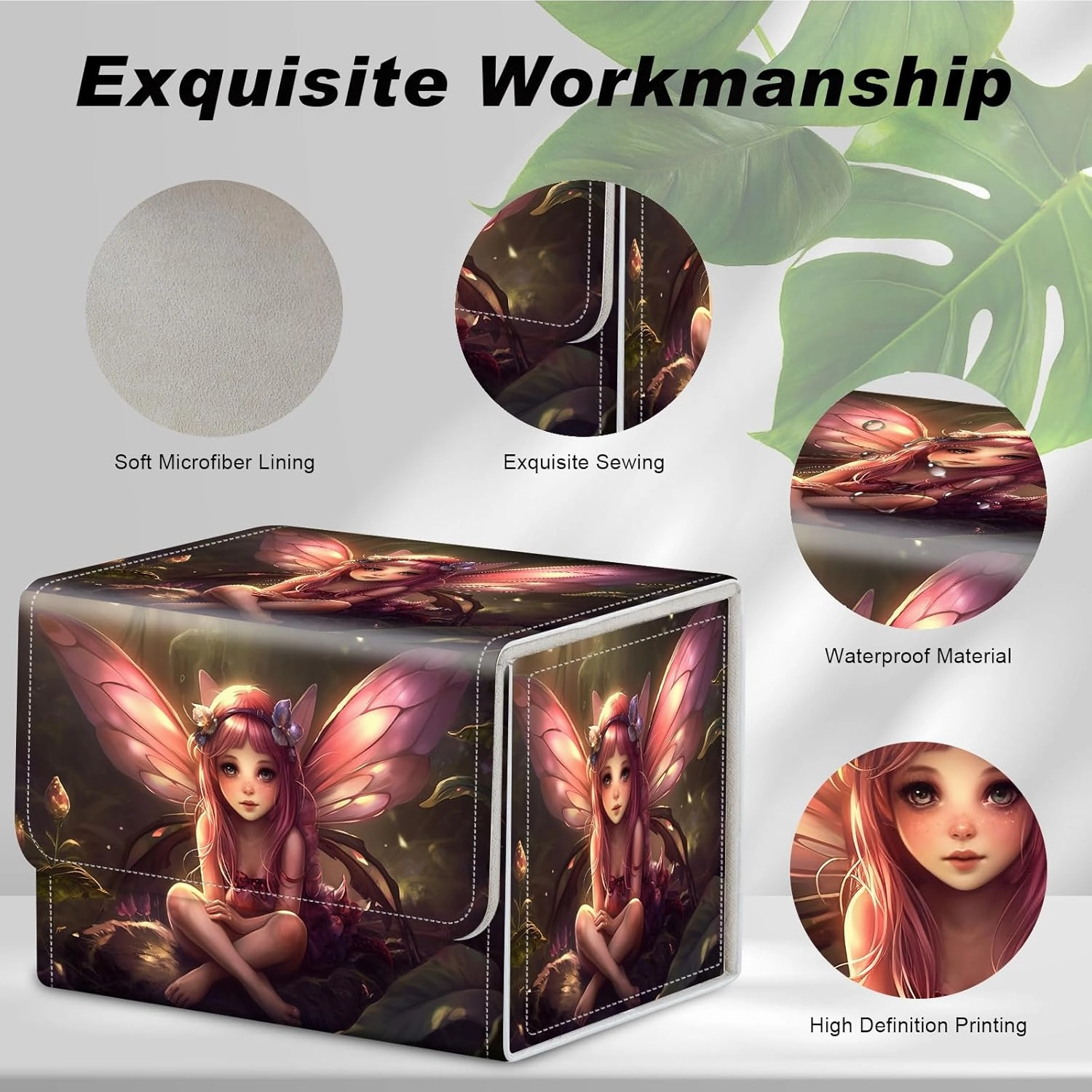 DEGDFSGR for TCG MTG Card Game Storage Box Organizer Trading Card Case Commander Deck Box Magnetic Closure Creative Pattern Up to 200 Cards, Pink Fairy Sitting Flower Meadow