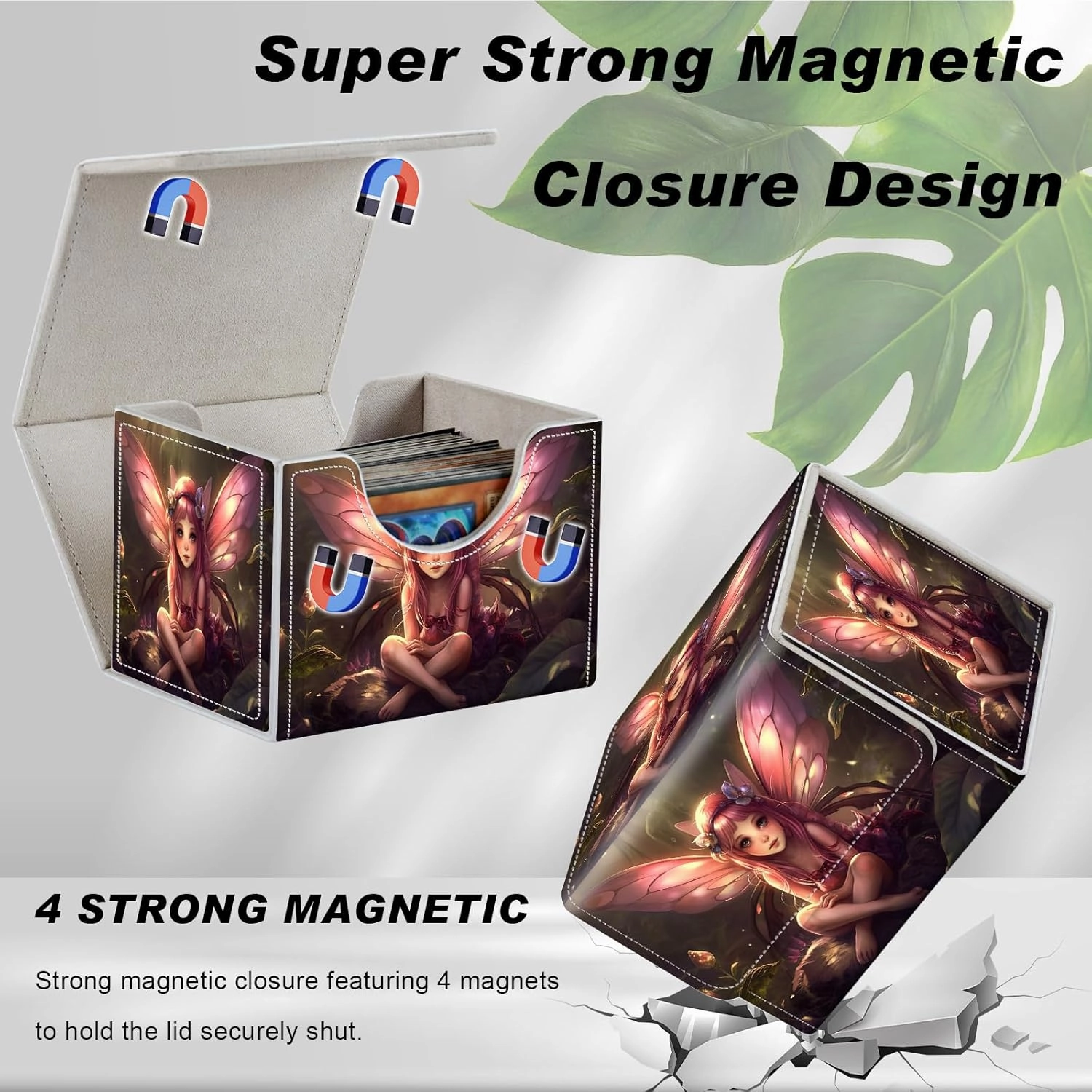 DEGDFSGR for TCG MTG Card Game Storage Box Organizer Trading Card Case Commander Deck Box Magnetic Closure Creative Pattern Up to 200 Cards, Pink Fairy Sitting Flower Meadow