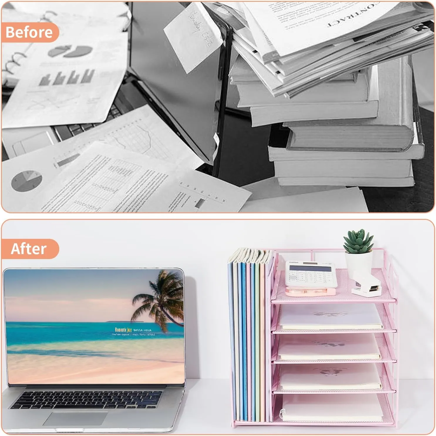 Desk Organizers and Accessories, 5-Tier Paper Letter Tray Organizer with File Holder, Pink Office Decor (Pink)