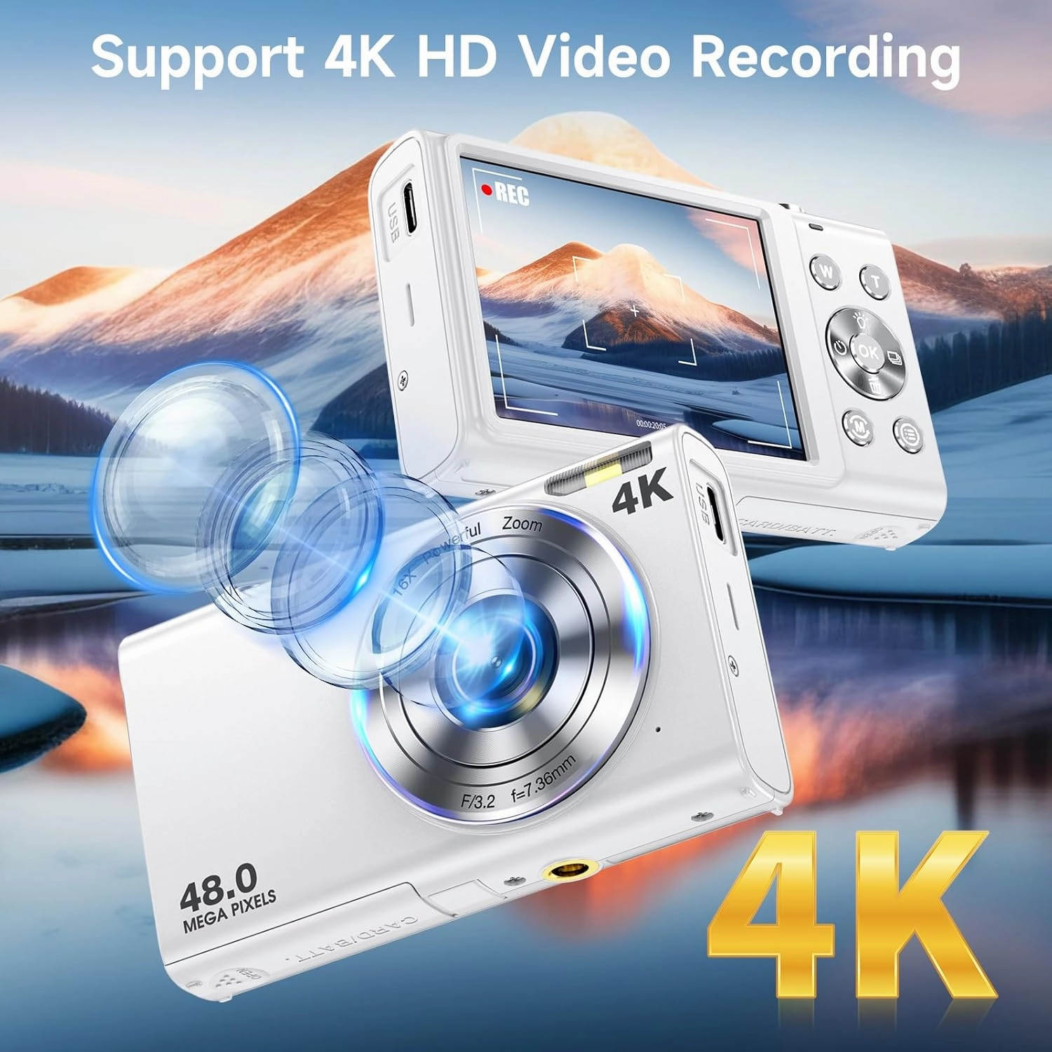 Digital Camera, Autofocus 48MP UHD 4K Vlogging Camera 16X Digital Zoom, Portable Compact Point and Shoot Digital Camera for Teens Adult Beginner with 32GB Card, 2 Batteries, Lanyard(White)
