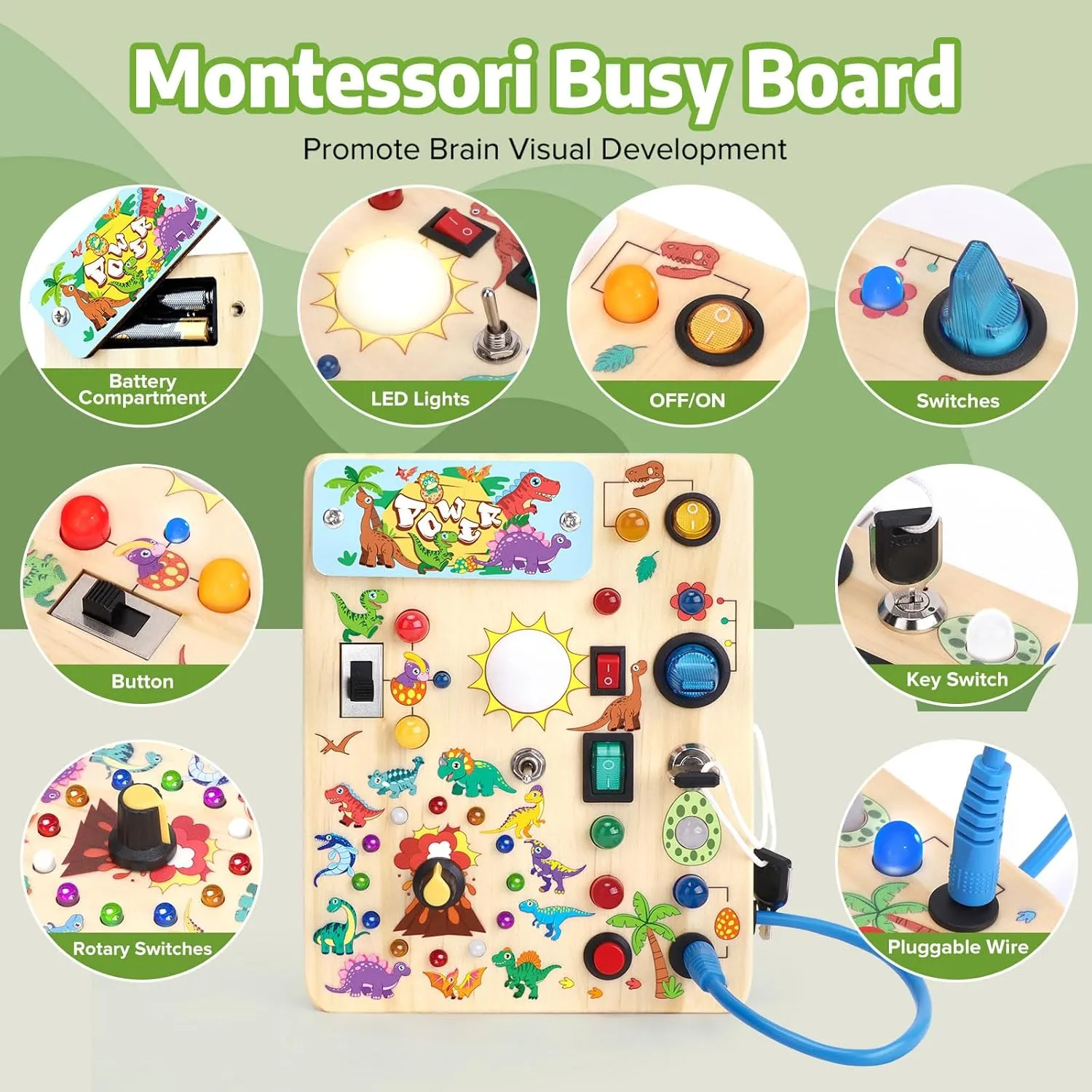Dinosaur Busy Board with LED Light,Montessori Toy for 1  Year Old,Engaging Sensory Board for Fine Motor Skills,Gifts & Travel Toys for Toddlers 1-3,Busy Board Plus Version.