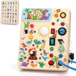 Dinosaur Busy Board with LED Light,Montessori Toy for 1  Year Old,Engaging Sensory Board for Fine Motor Skills,Gifts & Travel Toys for Toddlers 1-3,Busy Board Plus Version.