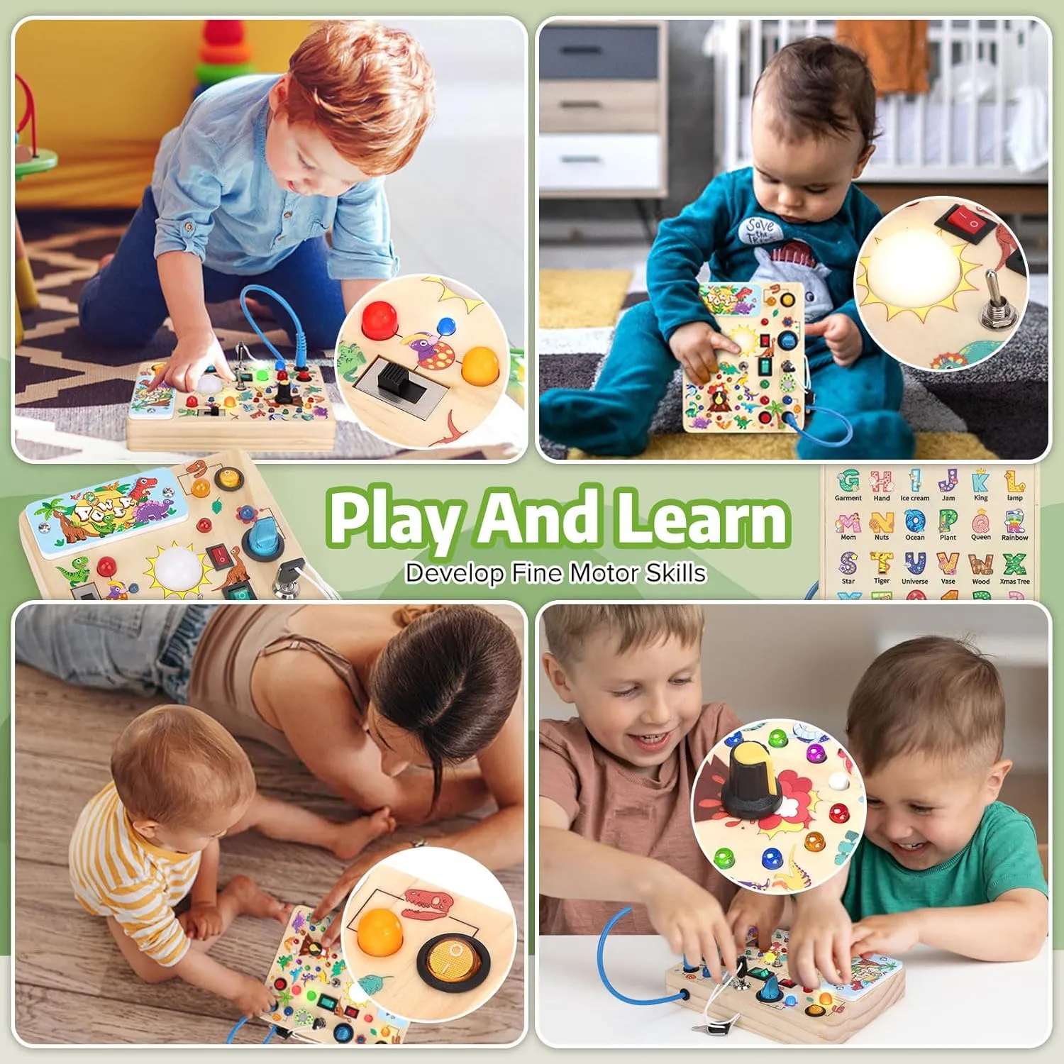 Dinosaur Busy Board with LED Light,Montessori Toy for 1  Year Old,Engaging Sensory Board for Fine Motor Skills,Gifts & Travel Toys for Toddlers 1-3,Busy Board Plus Version.