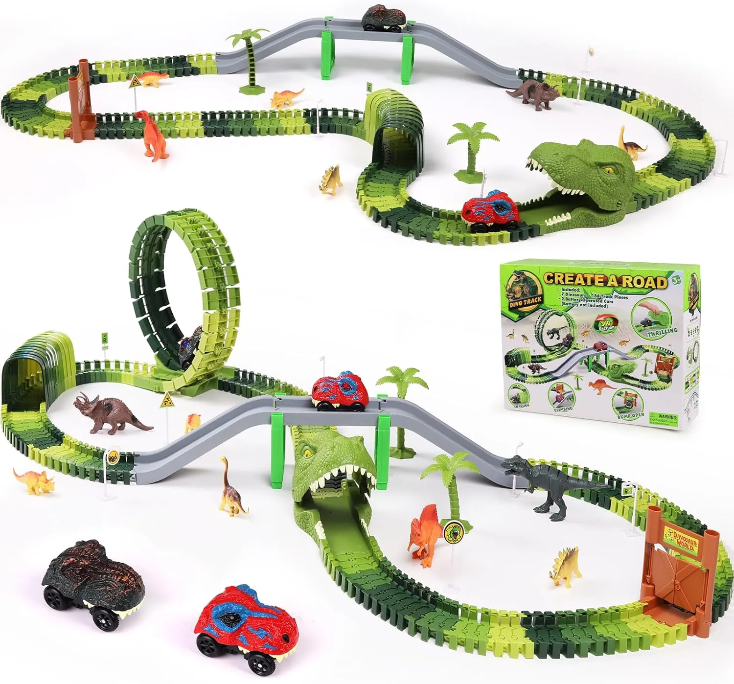 Dinosaur Race Track Toys for Kids Toddlers, Flexible Train Tracks with 3 Dinosaur Cars