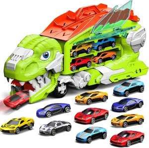 Dinosaur Truck Toys for Kids Toddlers, Transporter Transforms into Dual Racing Tracks Dino with 6 Die-Cast Cars Toy City Ultimate Garage Set Birthday Gifts Toys for 3 4 5 6 7 Year Old Boys