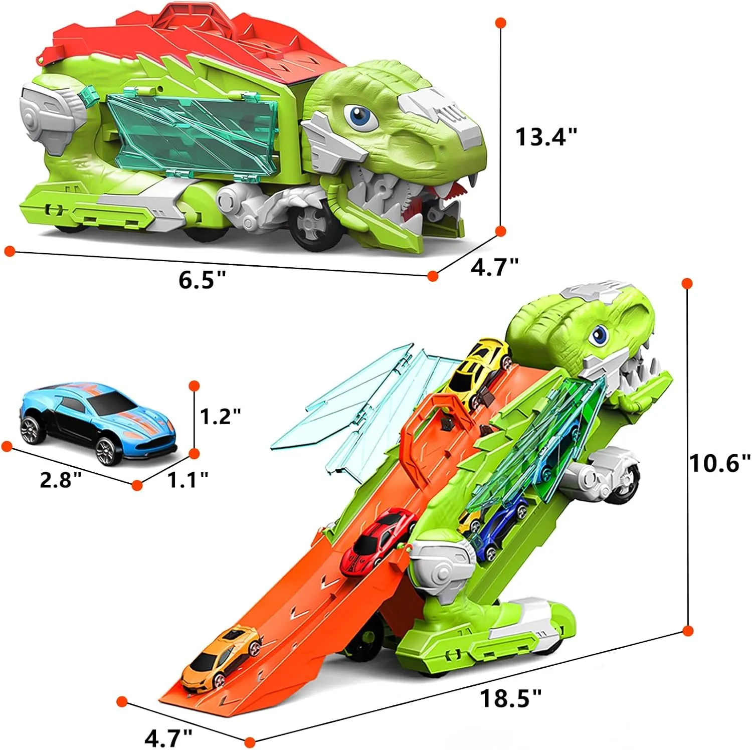 Dinosaur Truck Toys for Kids Toddlers, Transporter Transforms into Dual Racing Tracks Dino with 6 Die-Cast Cars Toy City Ultimate Garage Set Birthday Gifts Toys for 3 4 5 6 7 Year Old Boys
