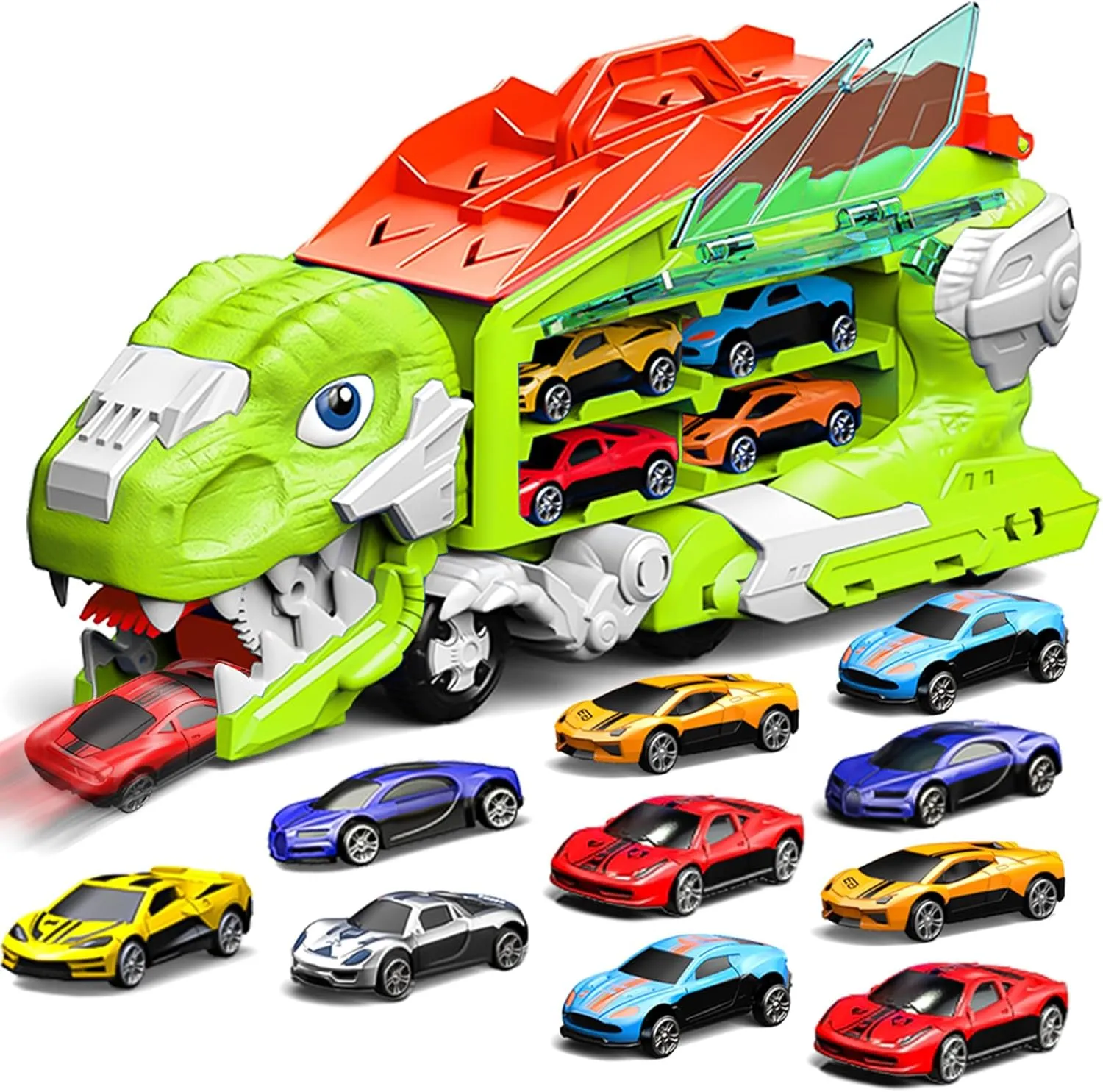Dinosaur Truck Toys for Kids Toddlers, Transporter Transforms into Dual Racing Tracks Dino with 6 Die-Cast Cars Toy City Ultimate Garage Set Birthday Gifts Toys for 3 4 5 6 7 Year Old Boys