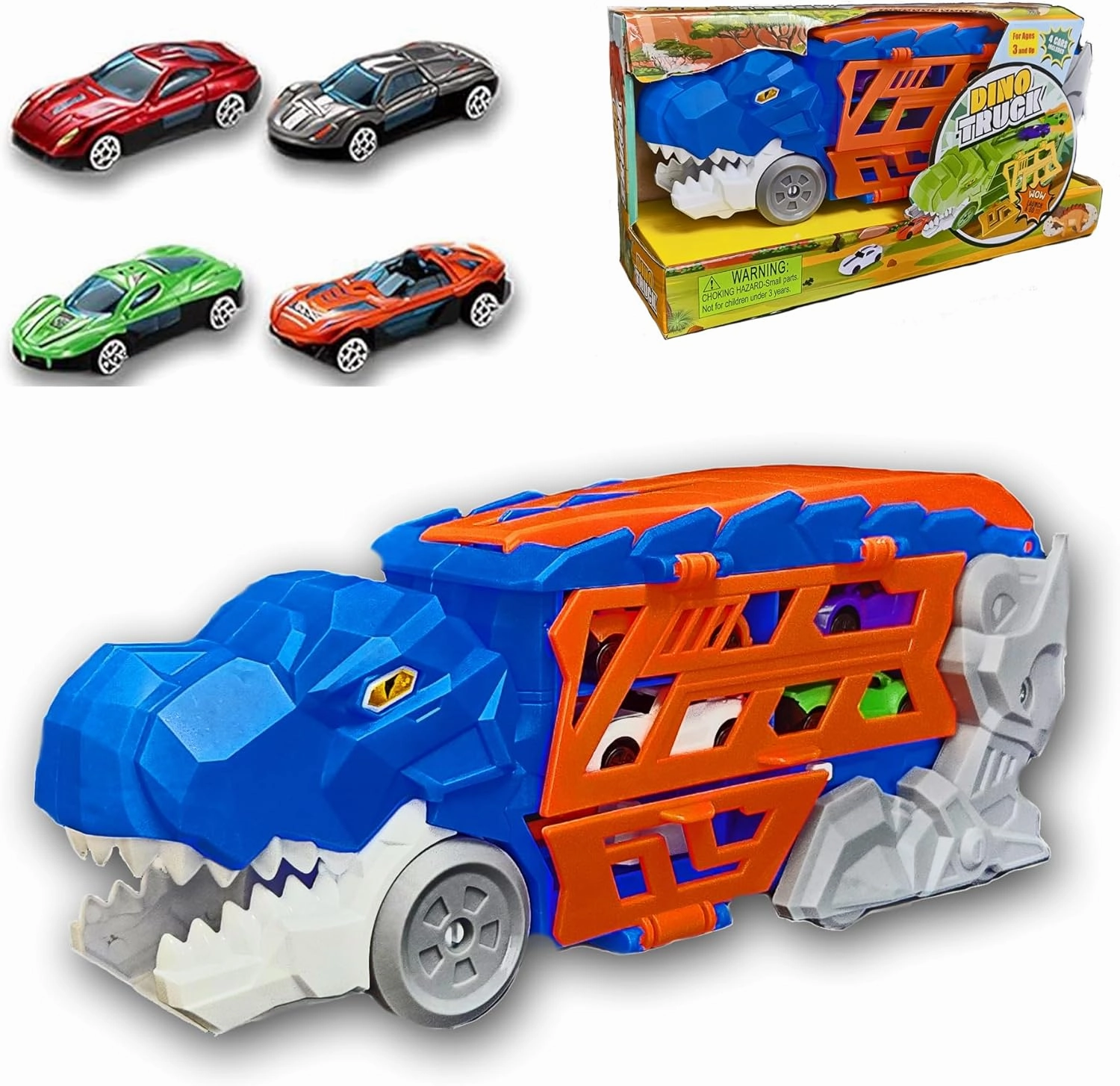 Dinosaur Toys for Kids, Dinosaur Cars Transporter Truck Carrier with 4 Die-Cast Racing Cars & Race Track for Boys Girls