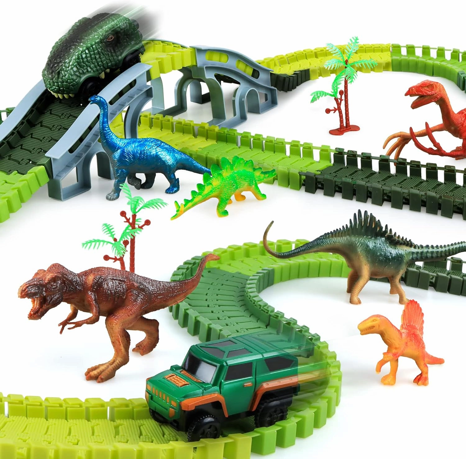 Dinosaur Toys, kizplays 251PCS Dinosaur Race Track Toys, Create A Race Car Track Dino World with Flexible Train Tracks, 6 Dinosaur Figures, 2 Cars & 1 Map, Toys for 3 4 5 6 Year Old Boys Girls Gifts