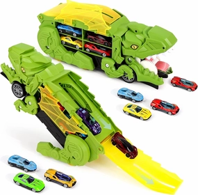 Dinosaur Transport Truck with 6 Racing Cars - Car Transporter Dinosaur Truck with Foldable Sliding Ramp - Dino Birthday Gift Toys for 3 4 5  Year Old Boy - Toddler & Kids (Green)